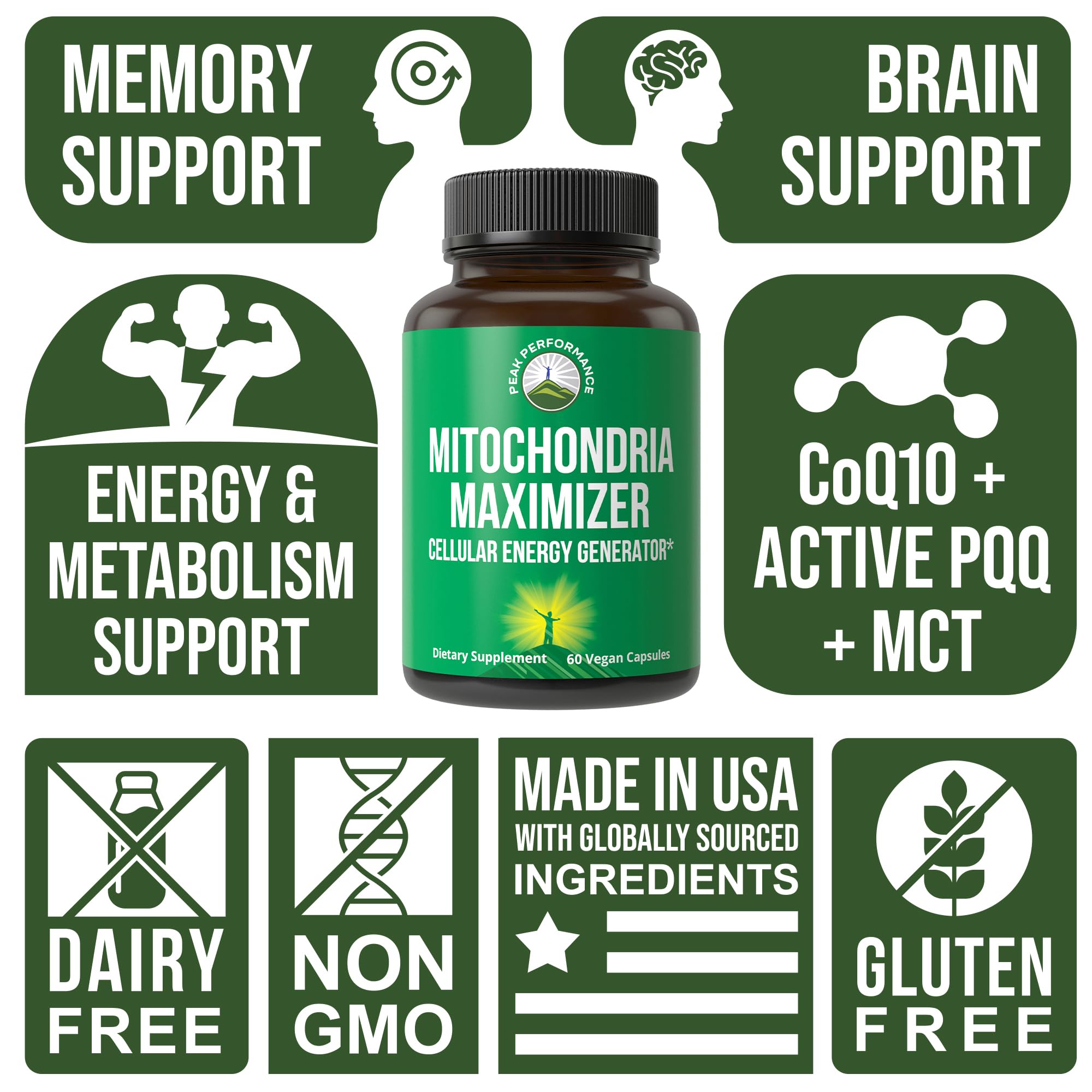 Peak Performance Mitochondria Maximizer with CoQ10 and Active PQQ. Best Mitochondrial Support Supplement with MCT Oil. Natural Cellular Generator for Clean, Energy Support. 60 Vegetarian Capsules Peak PerformanceAu supplements