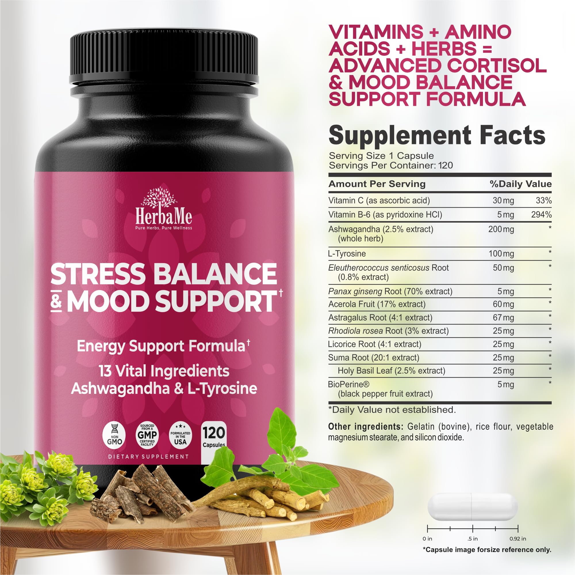 HerbaMe Cortisol Manager Supplement and Balance Mood with Ashwagandha & L-Tyrosine, 120 Capsules, Helps Maintain Healthy Energy Levels and Stress Relief, Fatigue Reducer Pills HerbaMeAu supplements