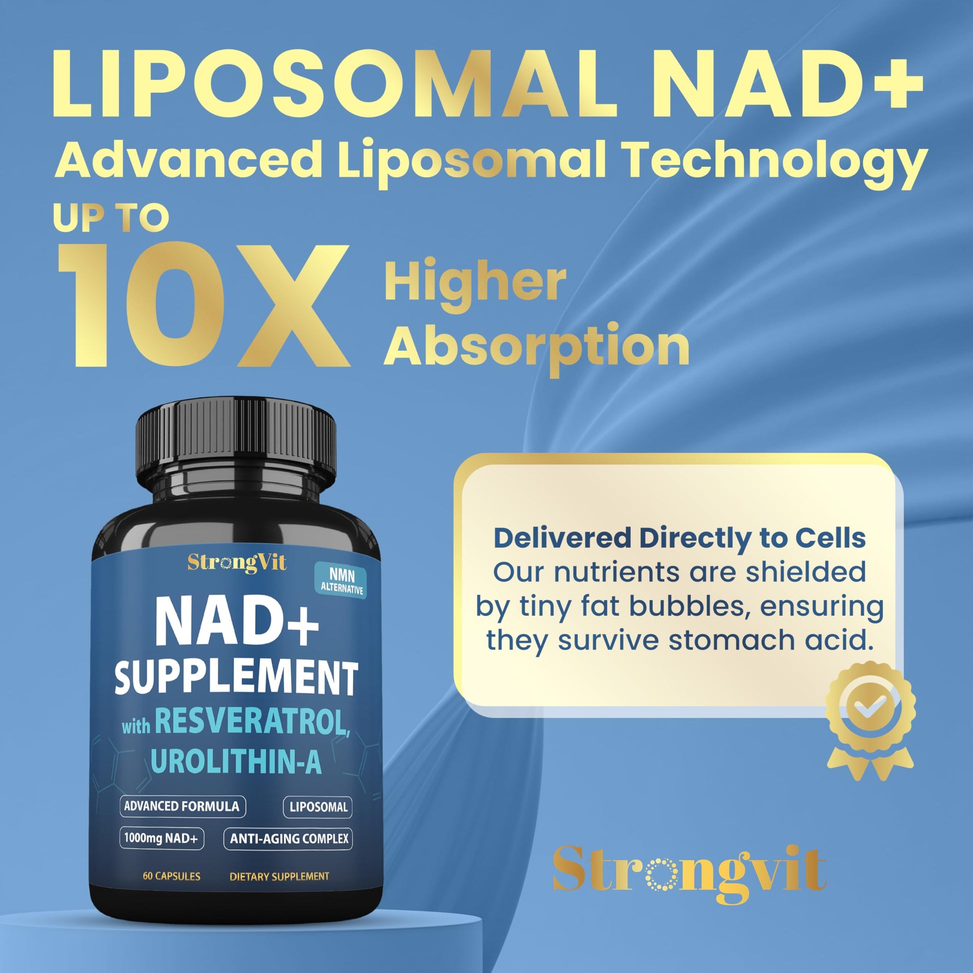 1000mg NAD Supplement with Resveratrol - Advanced Liposomal NAD+ Supplements for Men and Women - Anti-Aging Cell Regenerator - 60 NAD Plus Capsules for Energy & Cellular Health StrongVitAu supplements