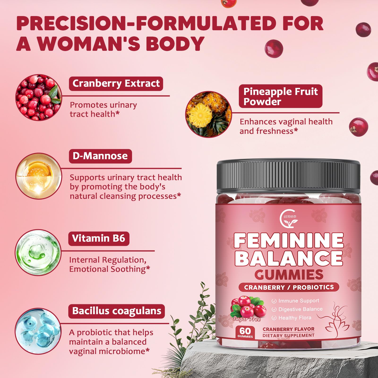 GORNVB Premium Feminine Balance Gummies for Women, Support pH Balance & Vaginal Probiotics Health Gummies with Cranberry Pineapple Powder, D-Mannose, Sugar Free, Gluten Free, Vegan GORNVBAu supplements