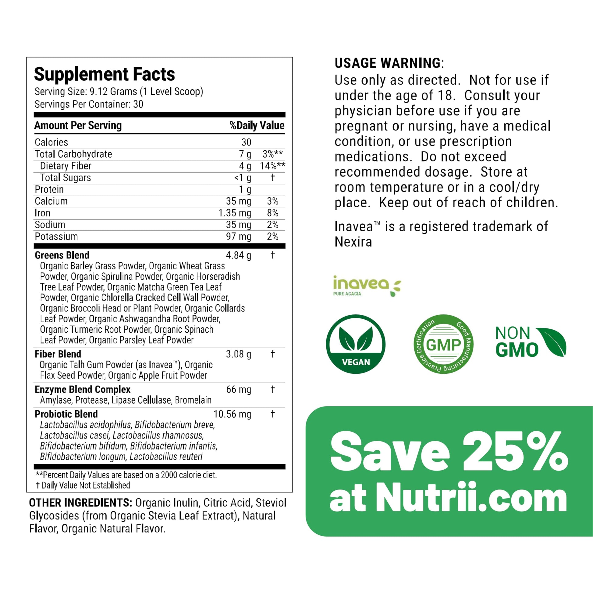 Nutrii Organic Green Immunity Superfood Powder - Soothes Digestion, Boosts Healthy Vitality and Energy. Fast Acting Formula with Probiotics, Enzymes, Turmeric and Ashwagandha (30 Servings Lemon-Mint) NutriiAu supplements