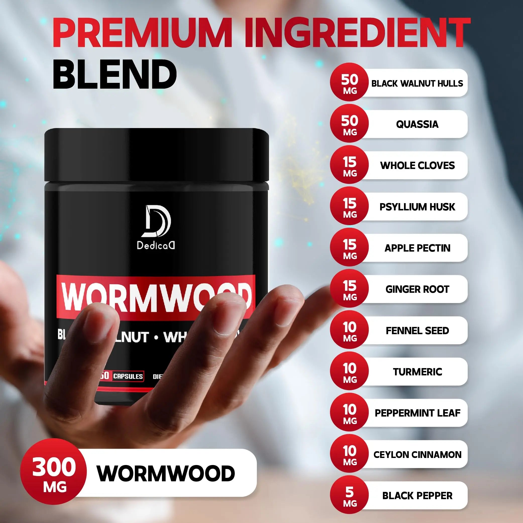 DEDICAD Wormwood Capsules - 12 Herbs Blended Black Walnut, Cloves, Ginger, Turmeric, Cinnamon, Apple, Quassia - 2 Packs 50 Capsules DEDICADnz supplements