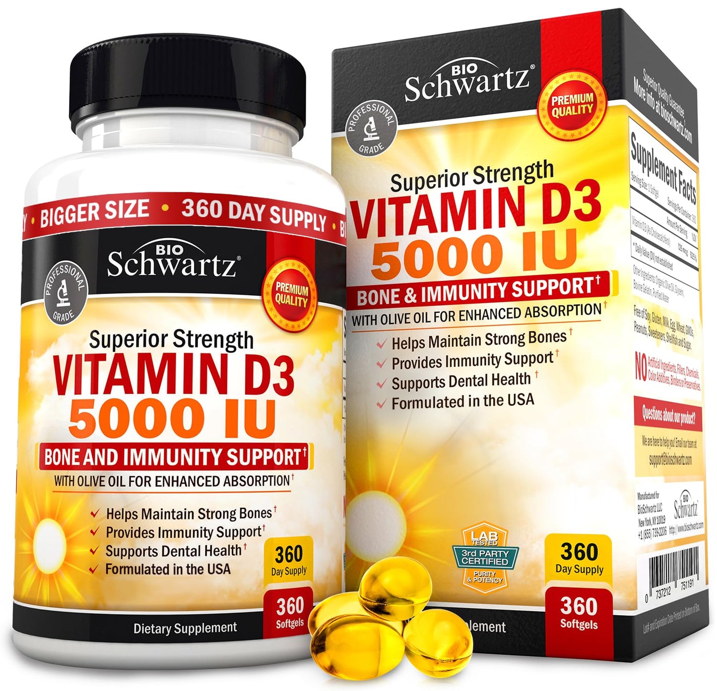 Vitamin D3 5000 IU (125 mcg) Natural Immune Support Supplement, Bone Strength BioSchwartzUS supplements