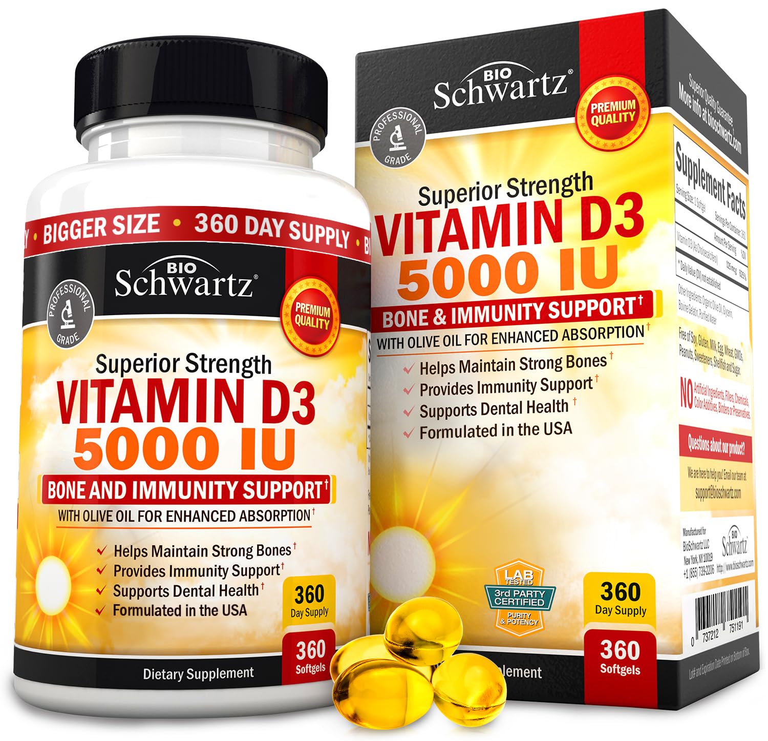 Vitamin D3 5000 IU (125 mcg) Natural Immune Support Supplement, Bone Strength BioSchwartzAu supplements