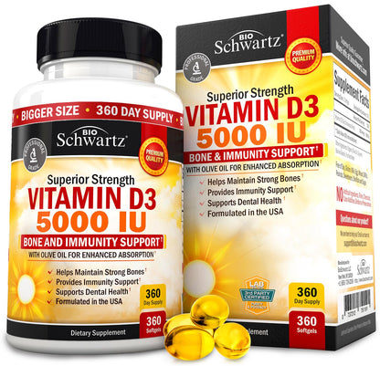 Vitamin D3 5000 IU (125 mcg) Natural Immune Support Supplement, Bone Strength BioSchwartzUS supplements