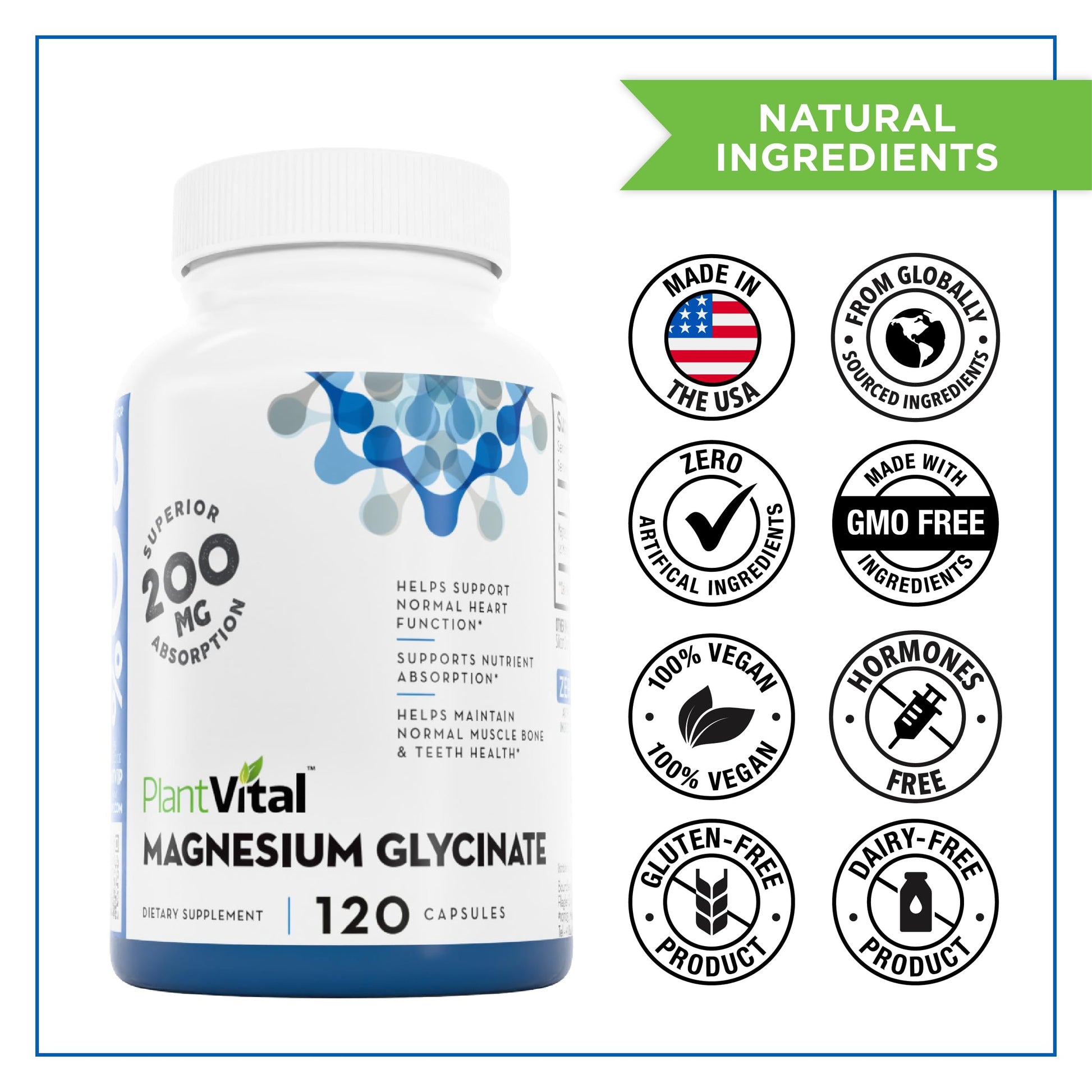 PlantVital Magnesium Glycinate 200mg - Supports Restful Sleep, Muscle & Nerve Function, Normal Heart & Bone Health - Feel Calm & Relax - Vegan, Third Party Tested, Gluten Free, Non-GMO - 120 Capsules PlantvitalAu supplements