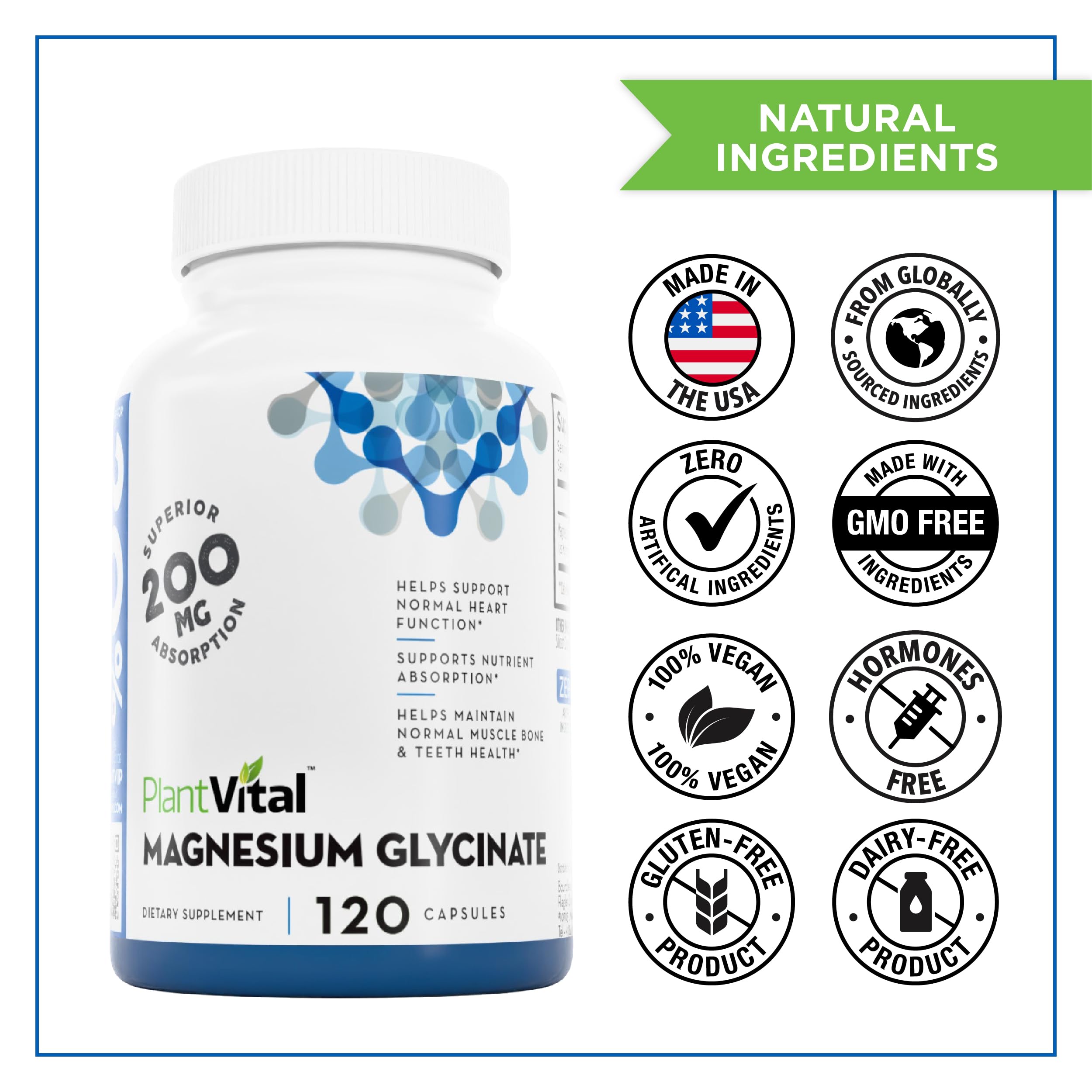 PlantVital Magnesium Glycinate 200mg - Supports Restful Sleep, Muscle & Nerve Function, Normal Heart & Bone Health - Feel Calm & Relax - Vegan, Third Party Tested, Gluten Free, Non-GMO - 120 Capsules PlantvitalAu supplements