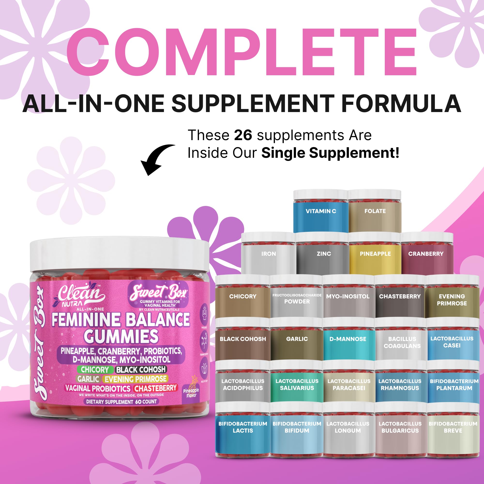 Clean Nutra Feminine Balance Gummies for Women Pineapple VaginalProbiotics pH Balance Cranberry D Mannose Supplement Inositol Black Cohosh Evening Primrose Garlic Vitex GLA Prebiotics Folate 60ct Clean NutraceuticalsAu supplements