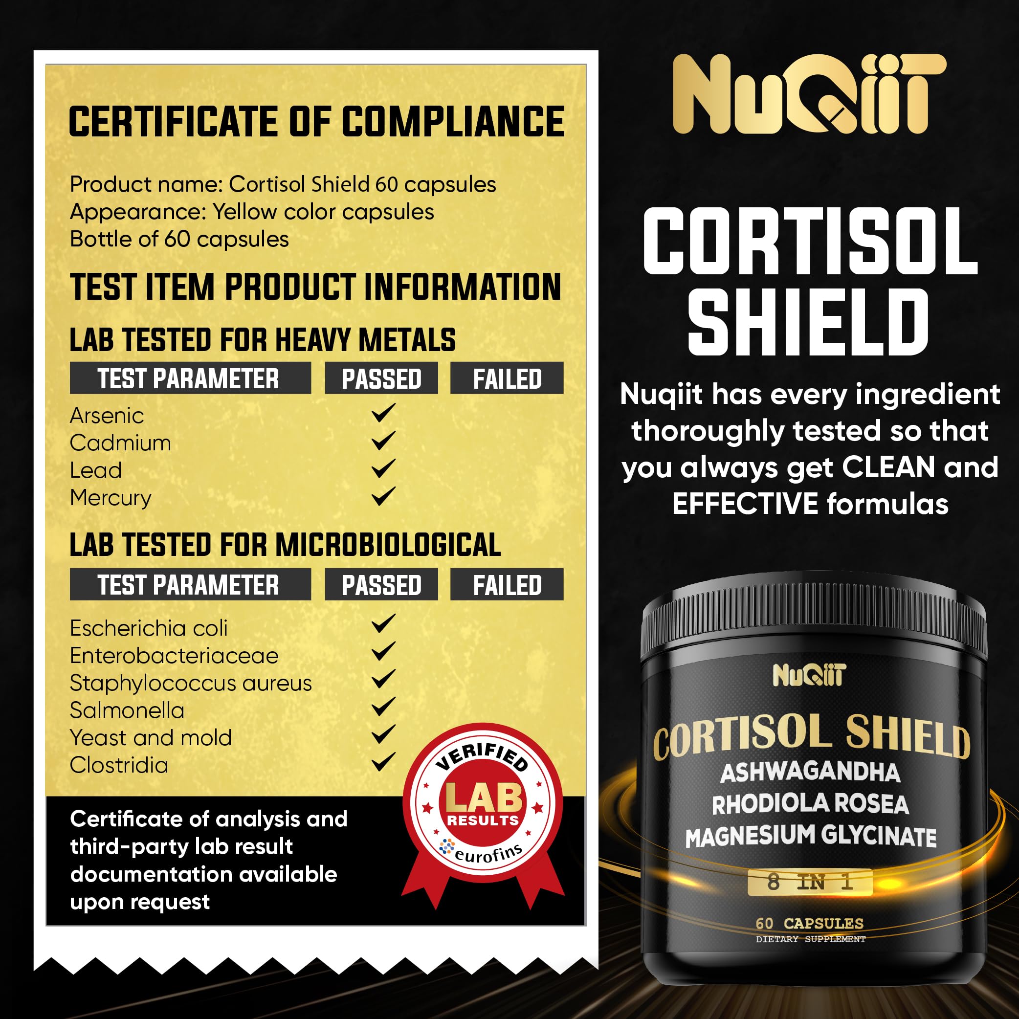8in1 Cortisol Shield - Ashwagandha and Magnesium, Rhodiola Rosea, Lions Mane, Sea Moss, Turmeric, St Jonh's Wort - Mind& Mood Balance, Rest Well, Support Immume - 60 Capsules NUQIITAu supplements