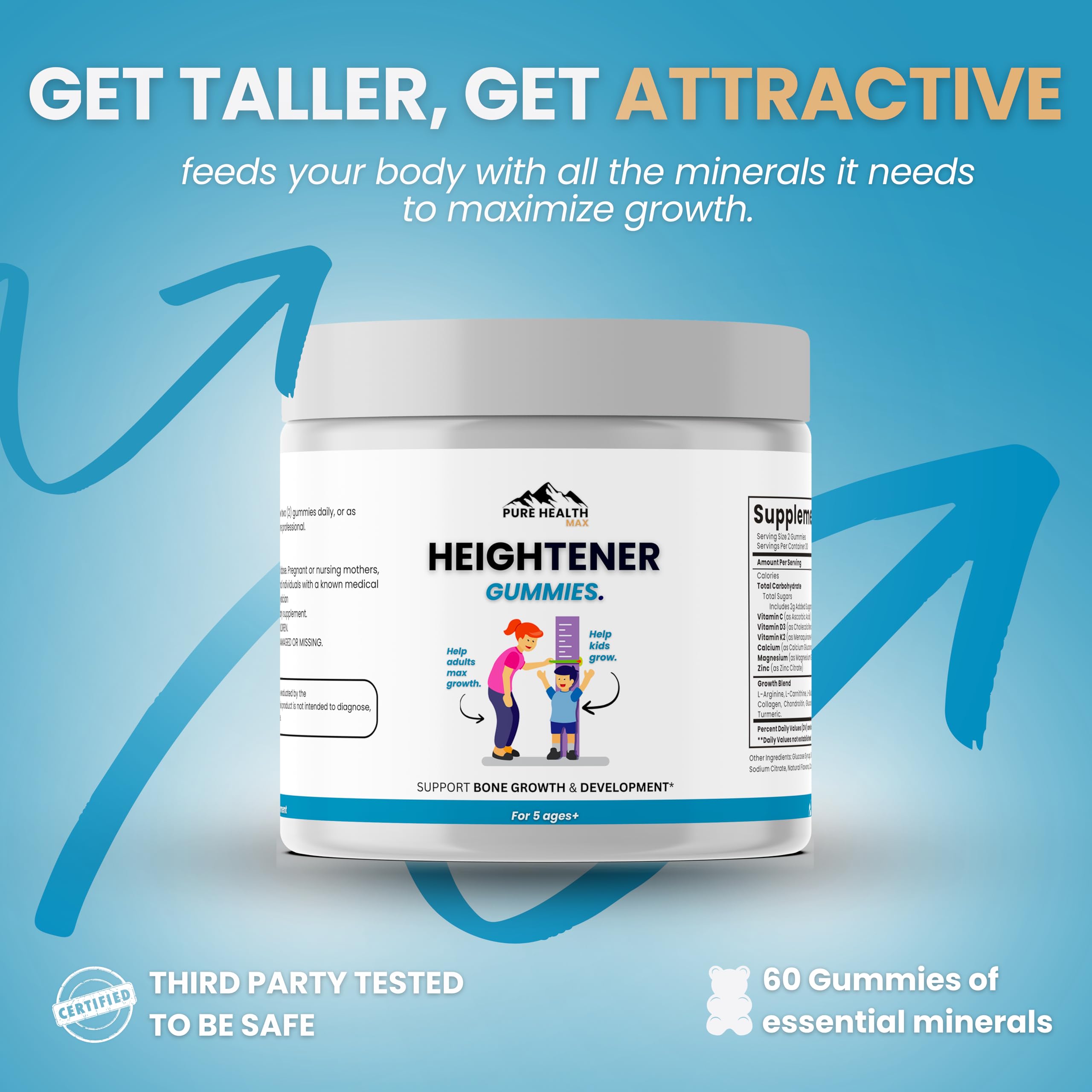 Heightener Gummies - Natural Height Growth Supplement for Kids, Teens and Adults to Increase Bone Strength and Grow Tall | Height Maximizer Pills with L-Arginine, Calcium & Zinc | 60 Gummy PURE HEALTH MAXAu supplements