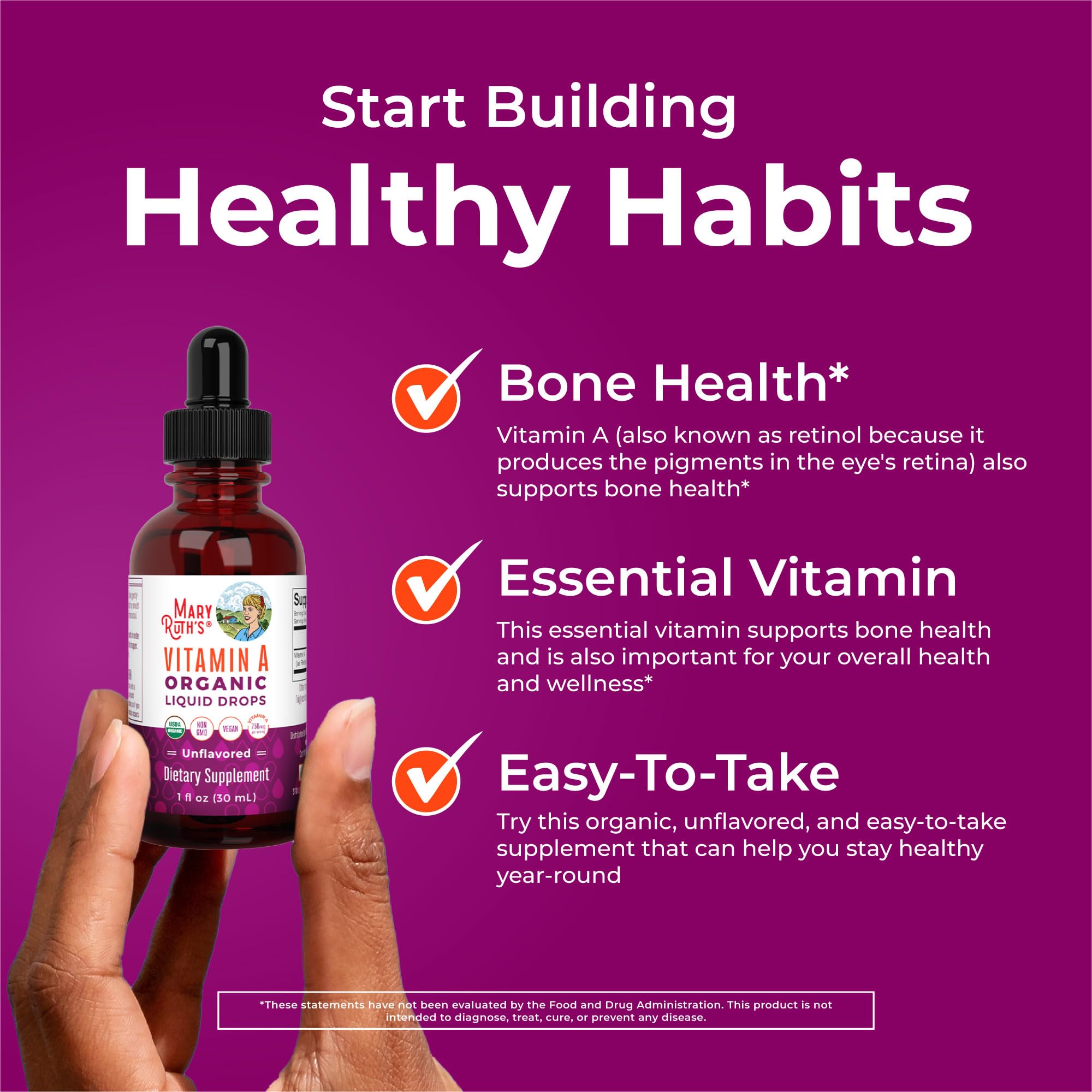 MaryRuth Organics USDA Organic Vitamin A Liquid Drops | 3 Month Supply | Bone Health for Ages 14+ | Essential Vitamin | 750mcg per Serving | Sugar Free | Vegan | Non-GMO | Gluten Free | 1oz MARYRUTH'SUS supplements