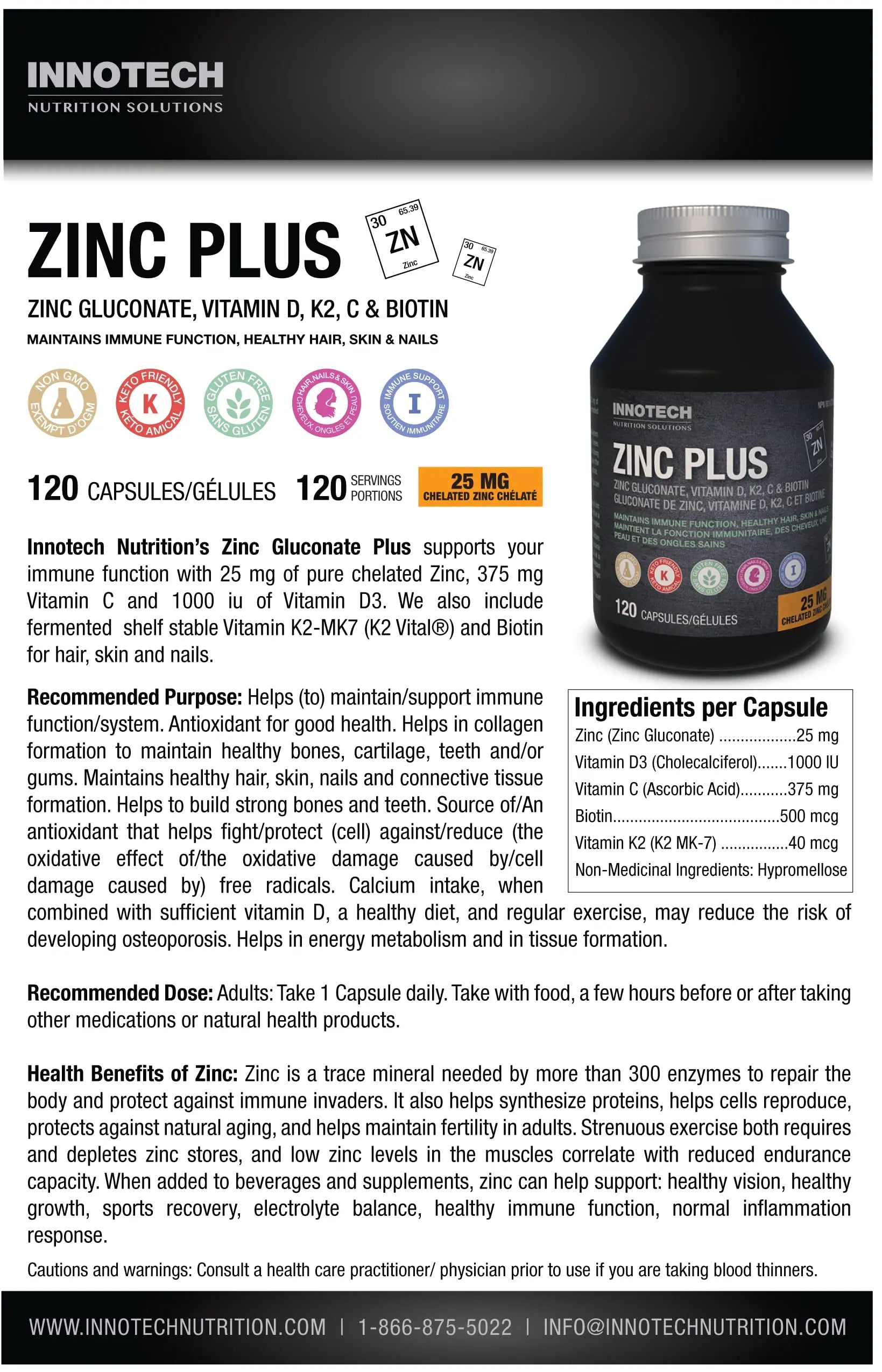 Innotech Nutrition Zinc Plus Immune Hair Skin & Nails Support Chelated Zinc Vitamin D3 & Biotin 120 Vegan Capsules Innotech Nutrition Solutionsnz supplements