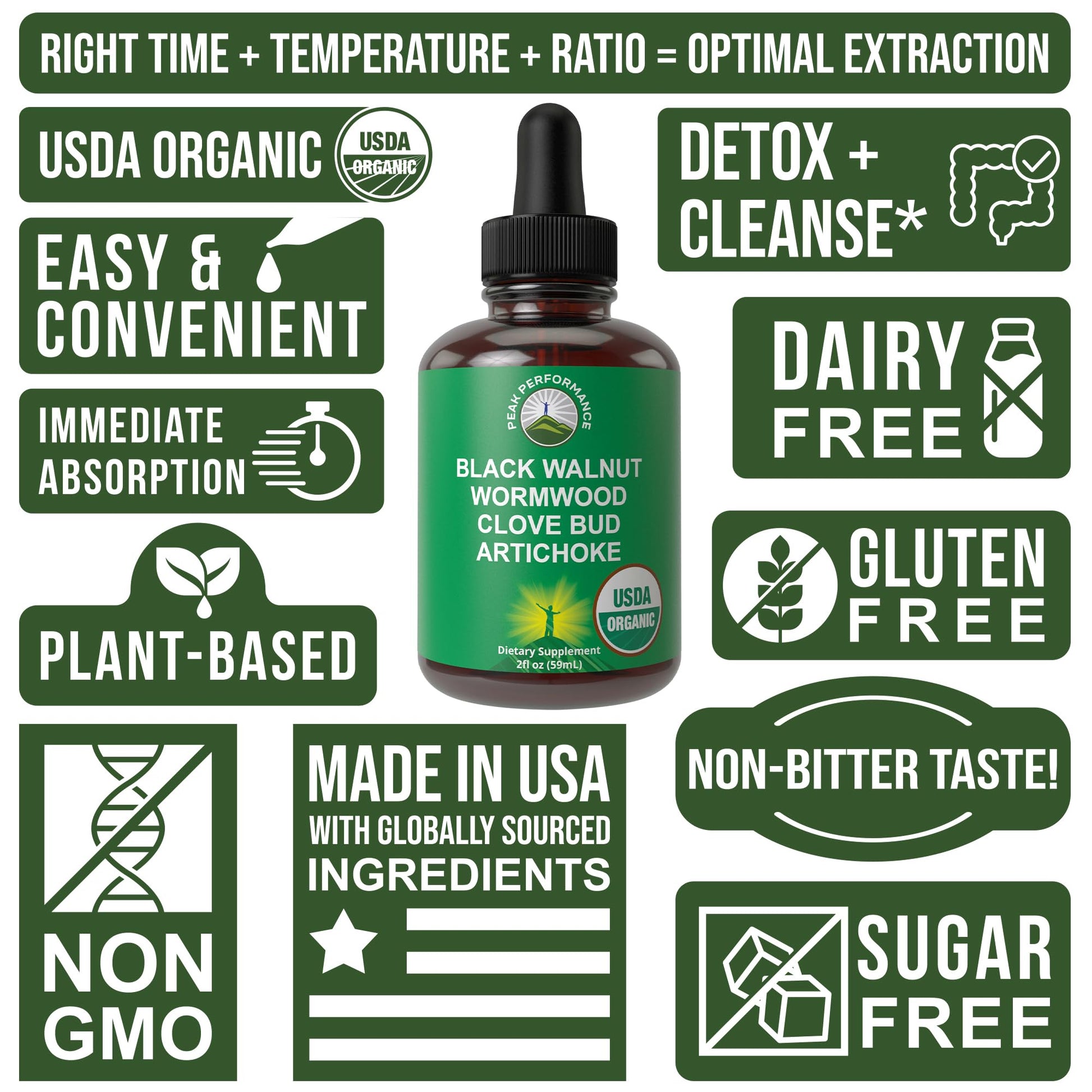 USDA Organic Wormwood Black Walnut Clove Drops Cleanse for Humans. Sugar Free Supplement for Intestinal Cleanse, Detox Support for Adults and Kids. with Artichoke and Clove Bud. Kosher, No GMOs Peak PerformanceAu supplements