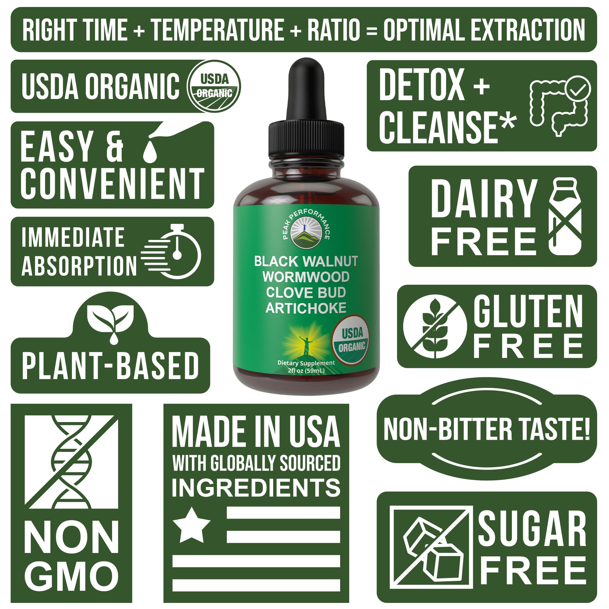 USDA Organic Wormwood Black Walnut Clove Drops Cleanse for Humans. Sugar Free Supplement for Intestinal Cleanse, Detox Support for Adults and Kids. with Artichoke and Clove Bud. Kosher, No GMOs Peak PerformanceAu supplements