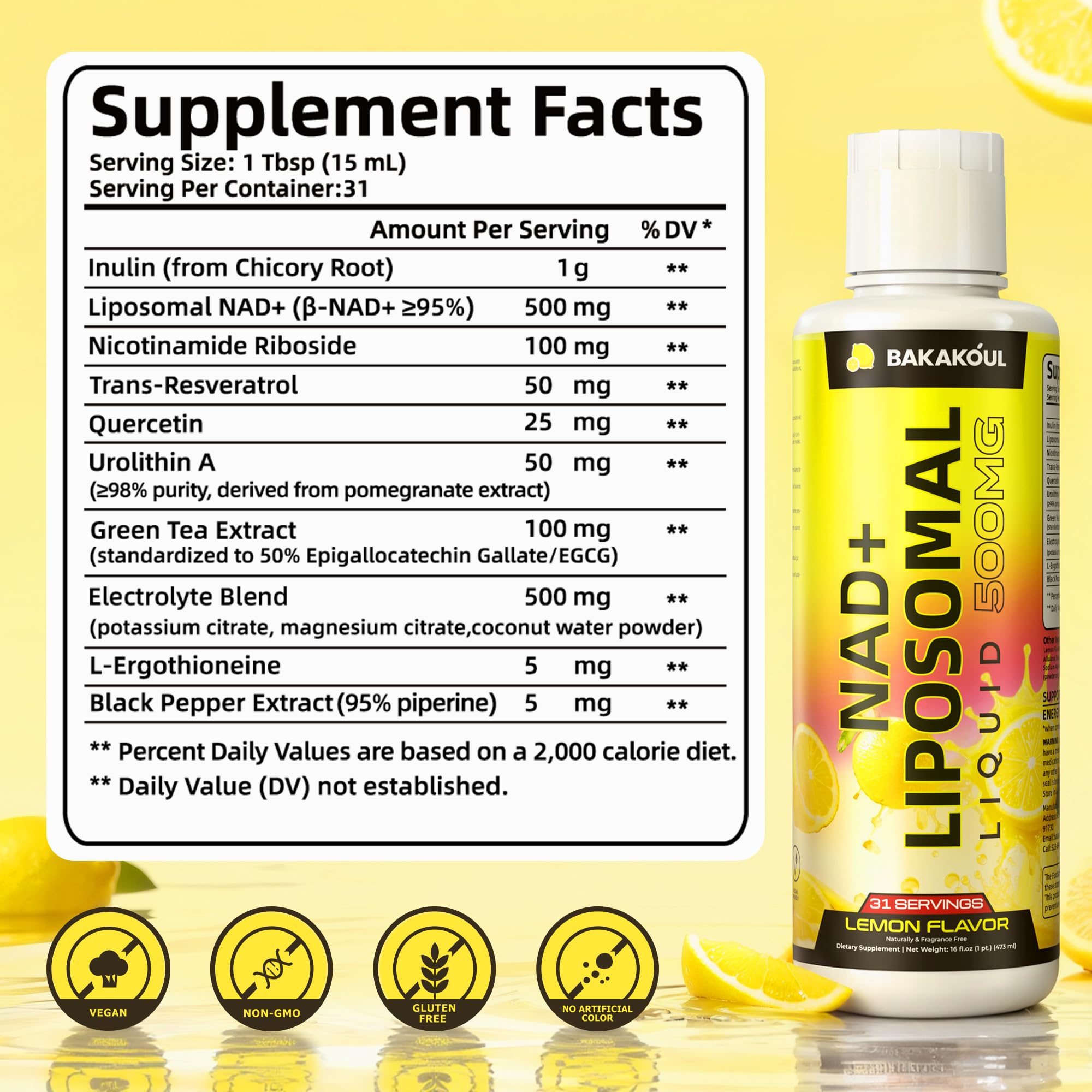 Liposomal NAD+ Liquid Supplement - Designed to Help Support Absorption - Nhanced Cellular Uptake, Helps Support Normal Cellular Health, Supports Cellular Energy Metabolism and Vitality - Lemon Flavor BAKAKOULAu supplements