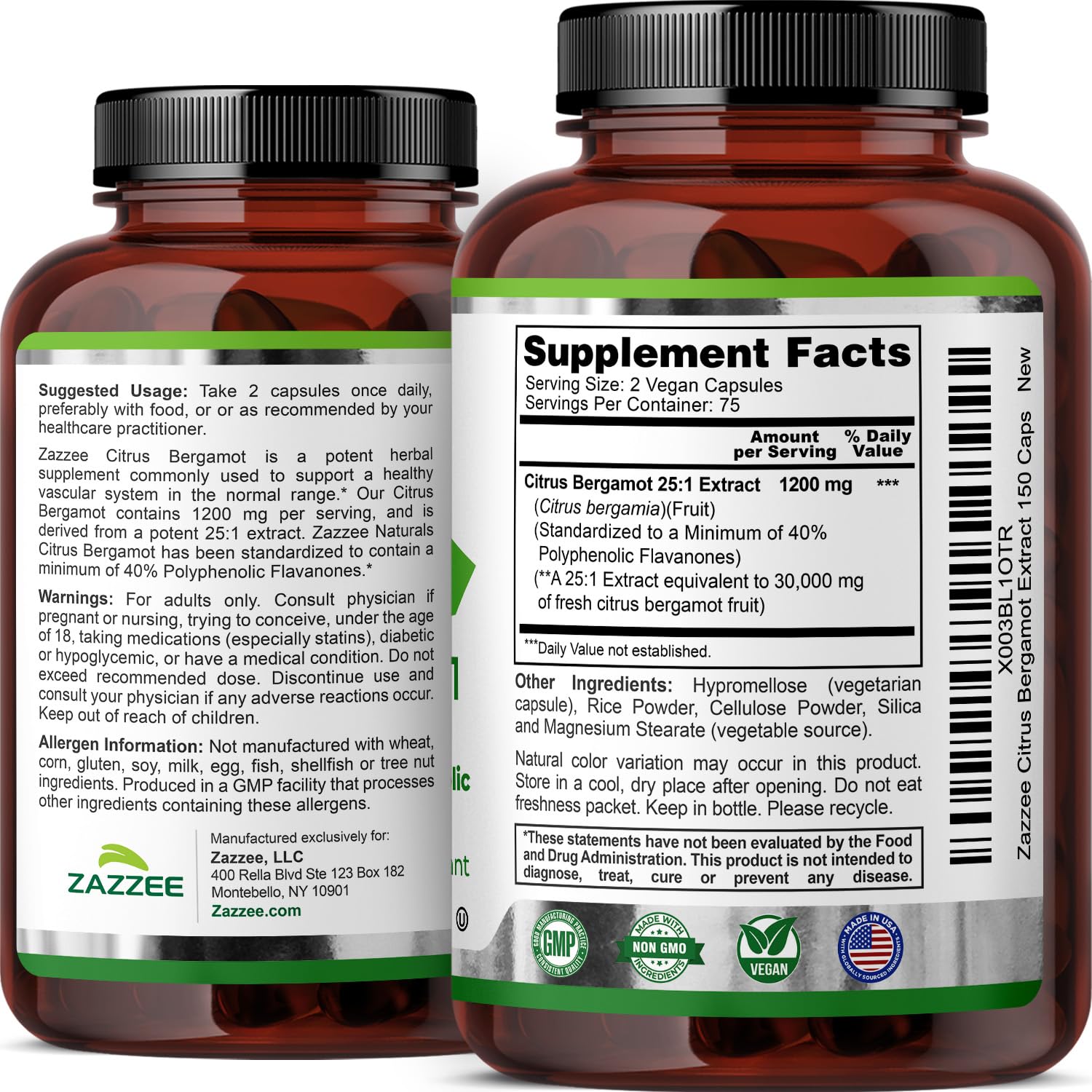 Zazzee Citrus Bergamot 25:1 Extract, 1200 mg Per Serving, 40% Polyphenolic Flavanones, 150 Vegan Capsules, 5 Month Supply, Citrus Bergamia, Antioxidant Support, Certified Kosher, Non-GMO, Made in USA ZazzeeAu supplements