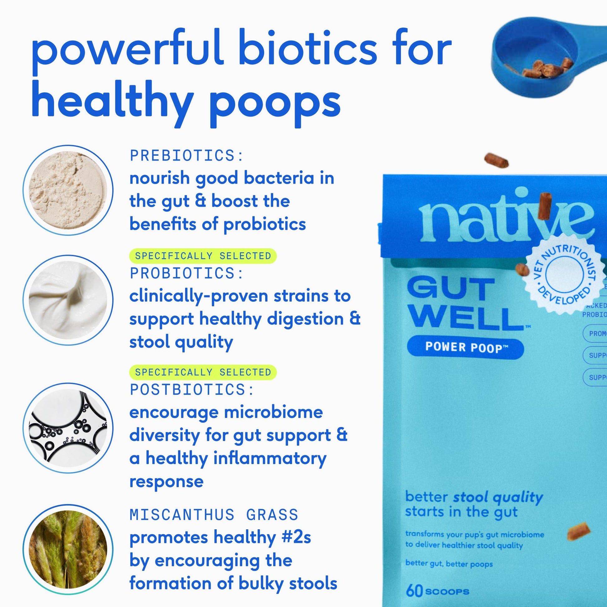 GutWell Power Poop - Digestive Enzymes & Fiber for Dogs - Dog Fiber Supplements Help with Diarrhea Relief, Upset Stomach, Pet Gas & Gut Health with Targeted Triple-Biotic Blend & M-Fiber - 60 Scoops Native PetAu supplements