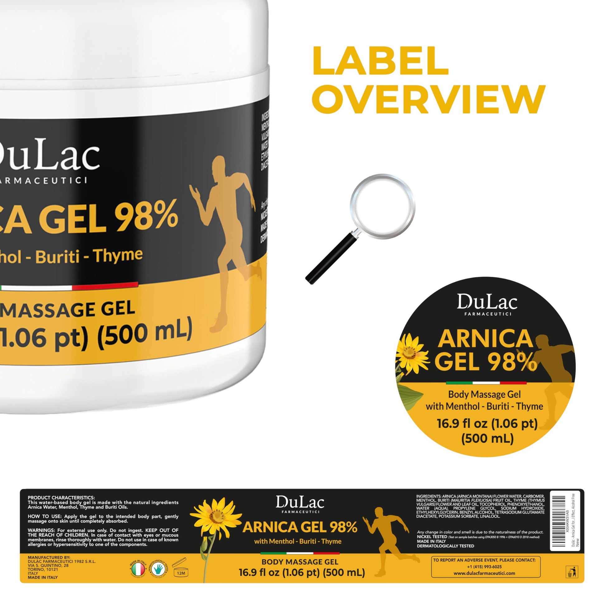Dulac Arnica Body Massage Gel – Water-Based Cosmetic Massage Gel with Arnica Montana, Fast-Absorbing Lightweight Texture, Non-Greasy Feel, Dermatologically Tested, 16.9 fl oz DULÀC FARMACEUTICI 1982Au supplements