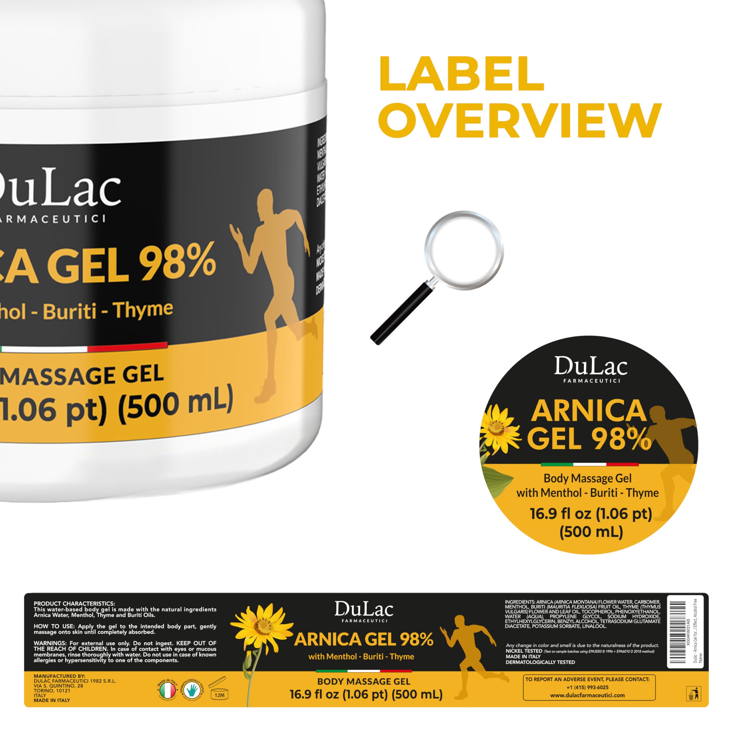 Dulac Arnica Body Massage Gel – Water-Based Cosmetic Massage Gel with Arnica Montana, Fast-Absorbing Lightweight Texture, Non-Greasy Feel, Dermatologically Tested, 16.9 fl oz DULÀC FARMACEUTICI 1982Au supplements