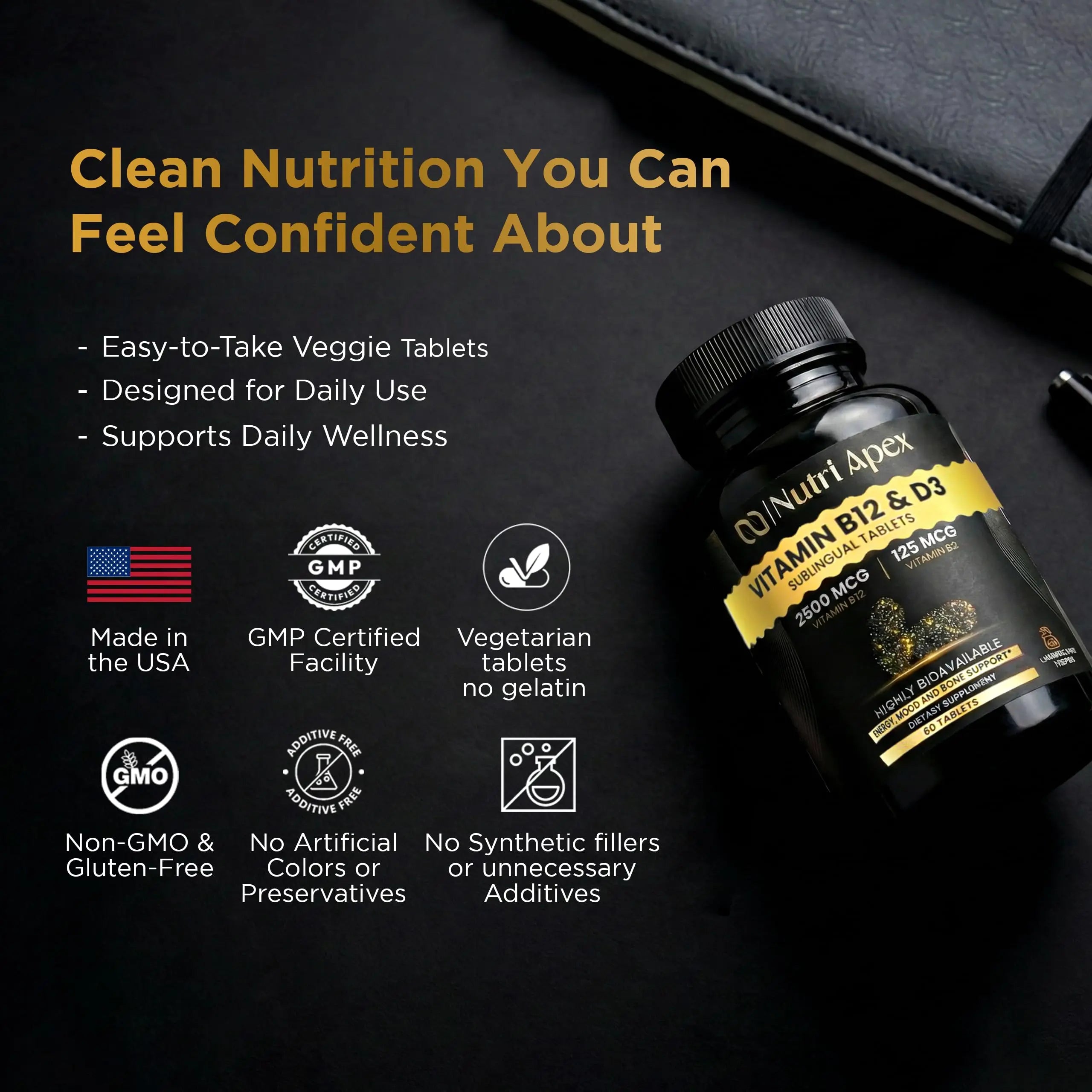 Nutri Apex Vitamin B12 & D3 Sublingual Tablets - 2500 mcg B12 & 125 mcg (5000 IU) D3 - Highly Bioavailable for Energy, Mood & Bone Health - Lab-Tested Nutri ApexAu supplements