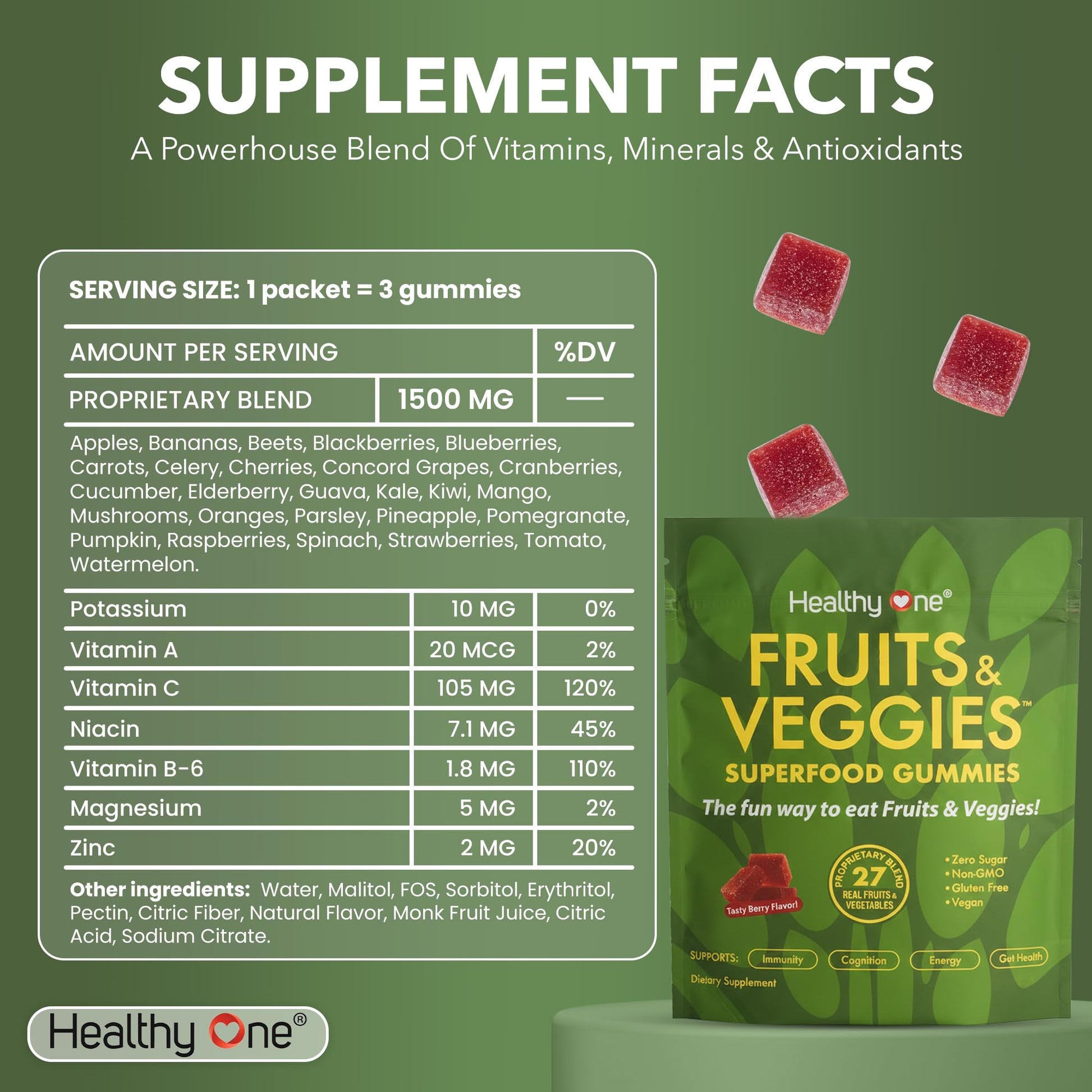 Fruits & Veggies Sugar-Free Gummies - 27 Whole Foods - Equals 3 Servings of Fruits & Vegetables - Improve Energy, Focus & Immune Function - Fiber - Antioxidants - Organic Ingredients - 28 Packets Healthy OneAu supplements