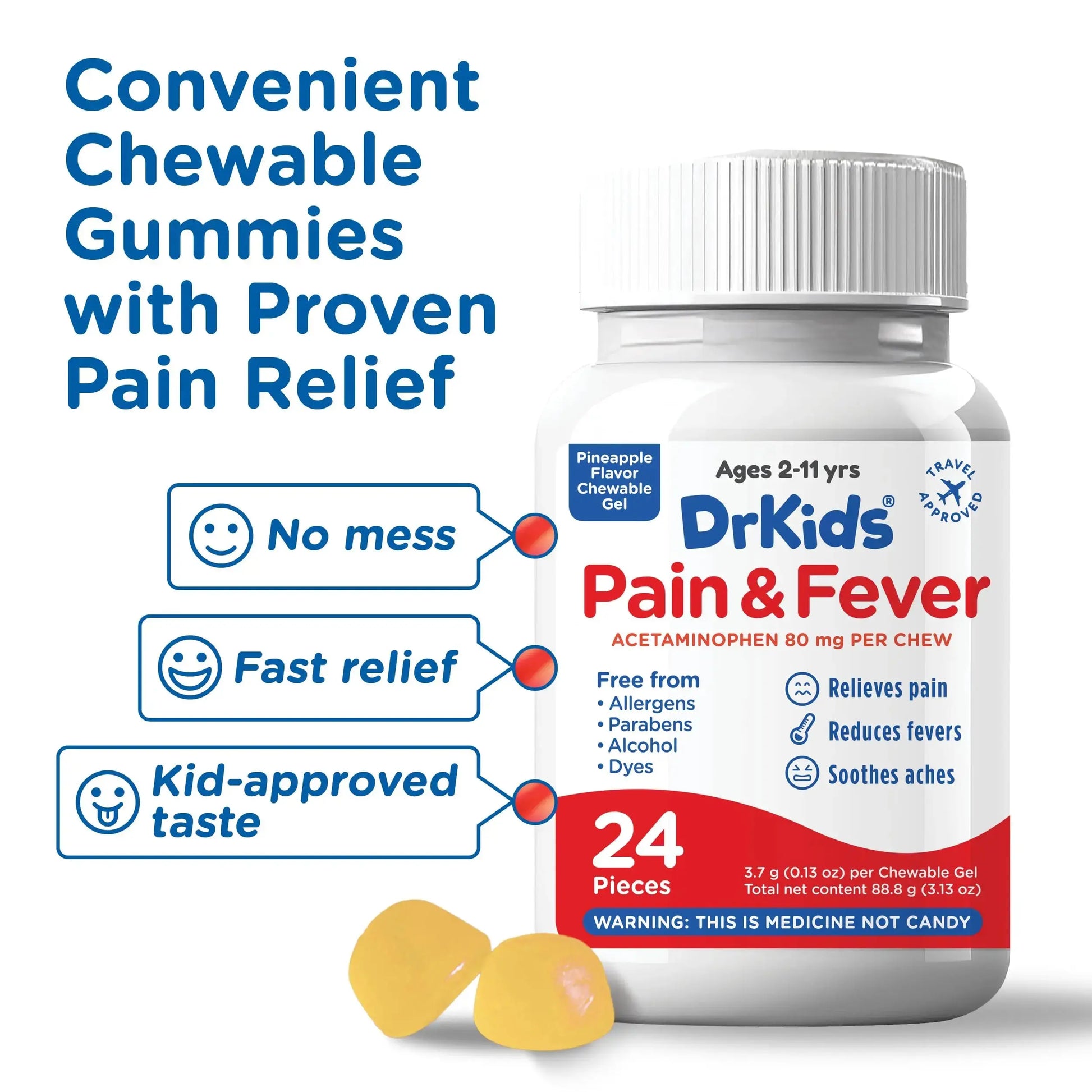 Dr. Kids Children’s Pain and Fever Chewable Gels – Pain Relief and Fever Reducer for Kids Ages 2–11, 80 mg Chewable Acetaminophen for Headache, Sore Throat, Cold & Flu, Pineapple Flavor, 24 Count Dr. KidsAu supplements