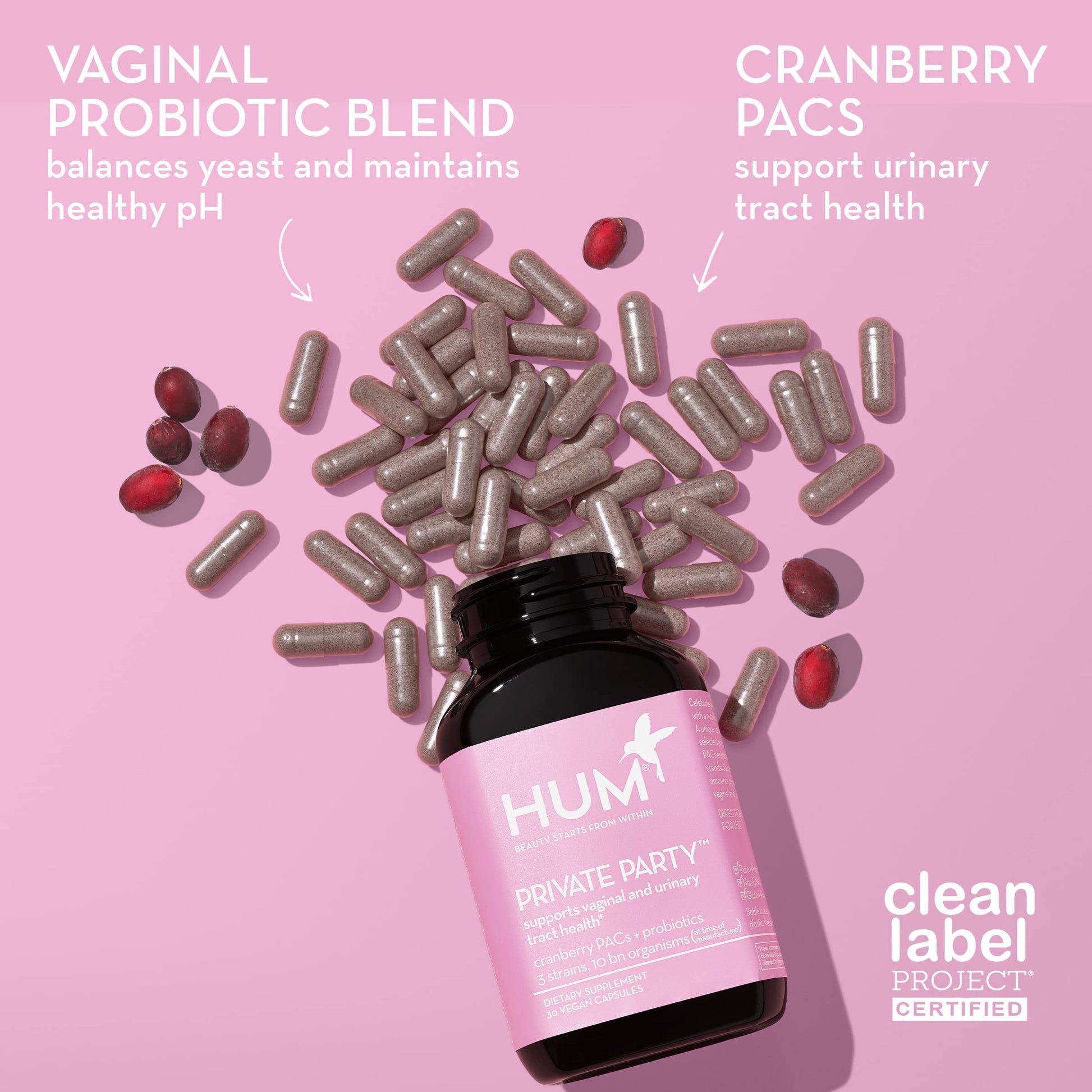 HUM Private Party Vaginal Probiotics for Women, pH Balance and Urinary Tract Support Vaginal Probiotic Supplement with Cranberry & Lactobacillus Blend, Women's Health Cranberry Pills, 90 Capsules HUMUS supplements