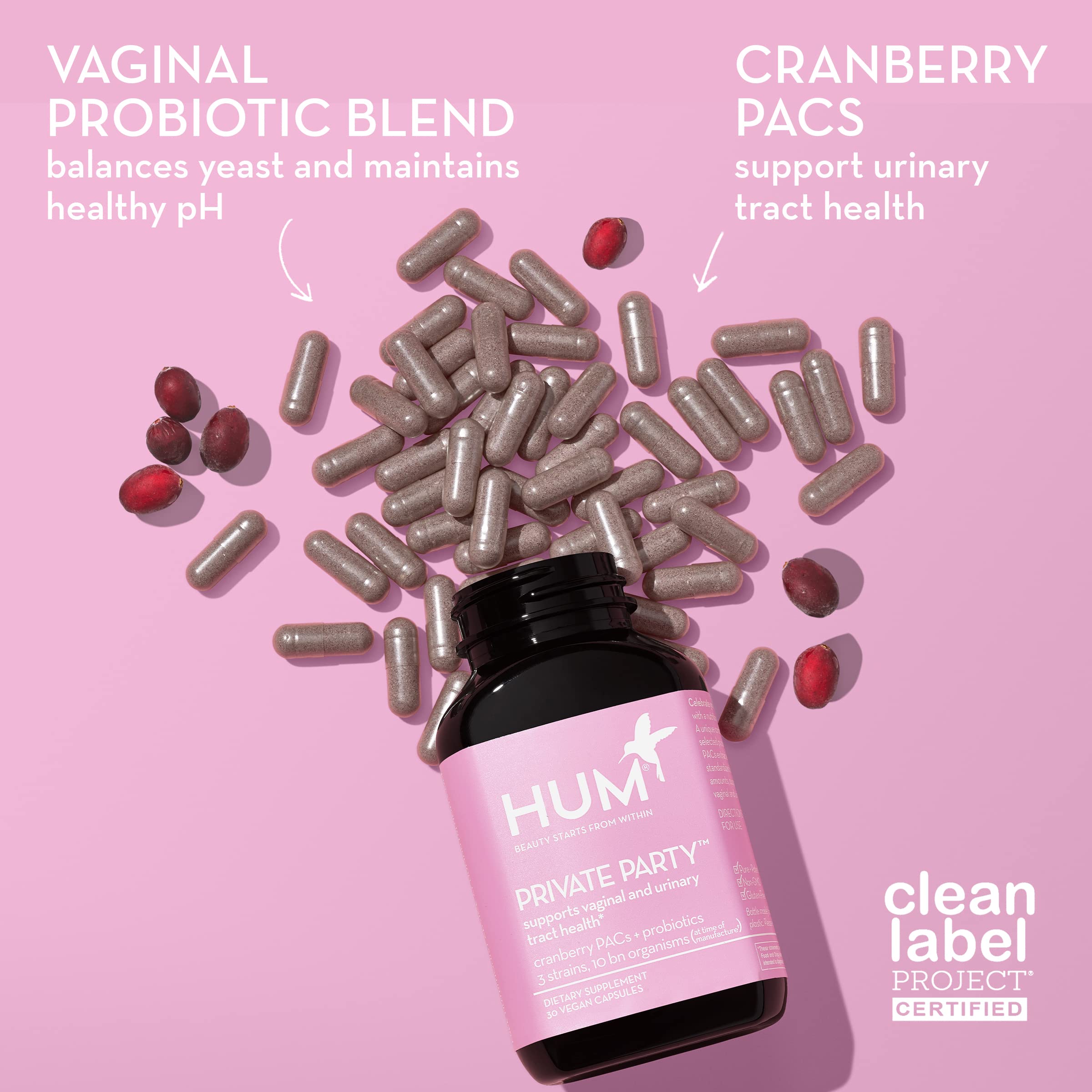 HUM Private Party Vaginal Probiotics for Women, pH Balance and Urinary Tract Support Vaginal Probiotic Supplement with Cranberry & Lactobacillus Blend, Women's Health Cranberry Pills, 90 Capsules HUMUS supplements