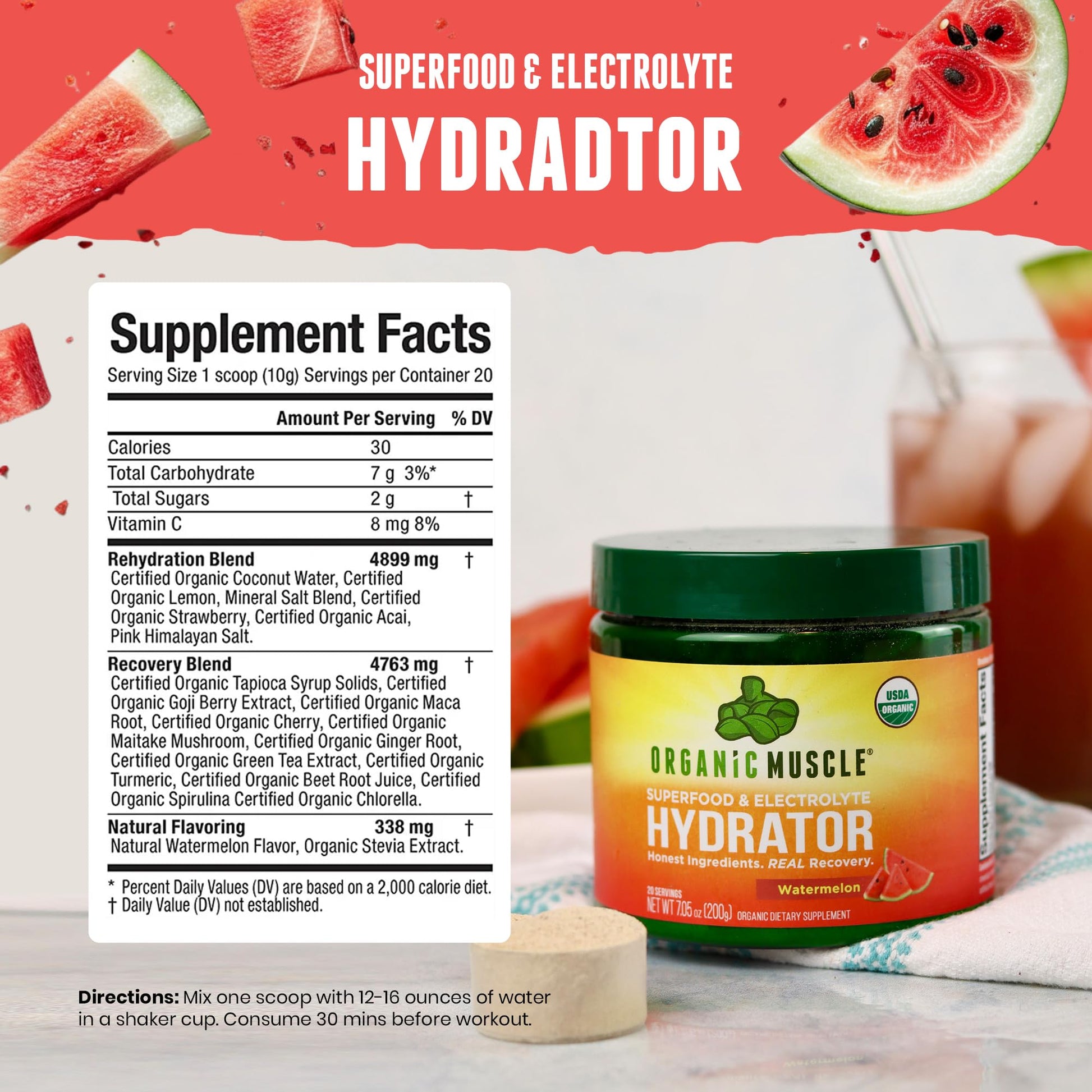 Organic Muscle Hydrator | Natural Electrolyte Powder for Peak Performance & Recovery - Watermelon Flavor, 20 Servings Organic MuscleAu supplements