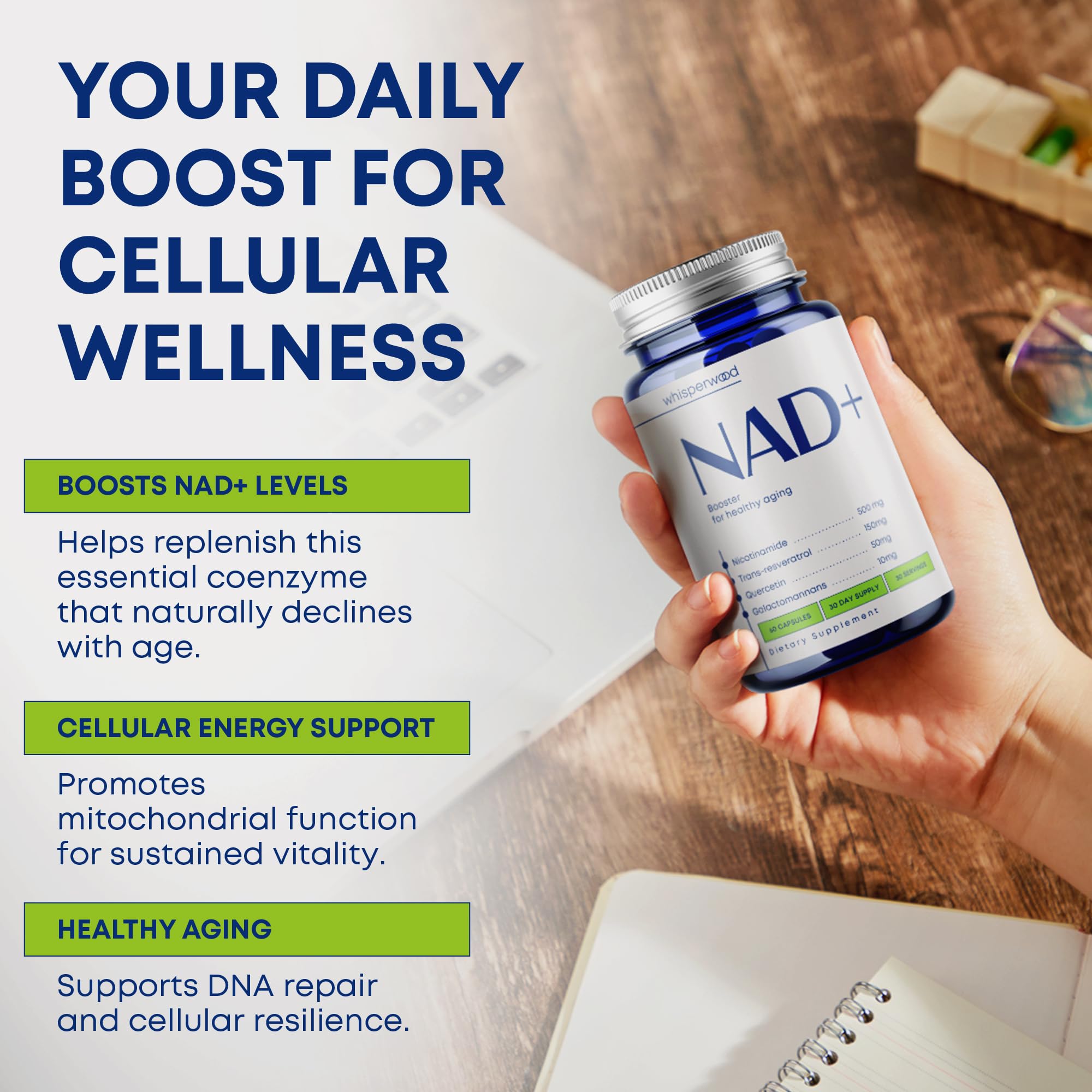 NAD+ Supplement with Nicotinamide Riboside, Trans Resveratrol & Quercetin – NAD Plus Complex for Energy, Brain & Mitochondrial Support – Antioxidant and Longevity Formula for Women & Men – 60 capsules WHISPERWOODAu supplements