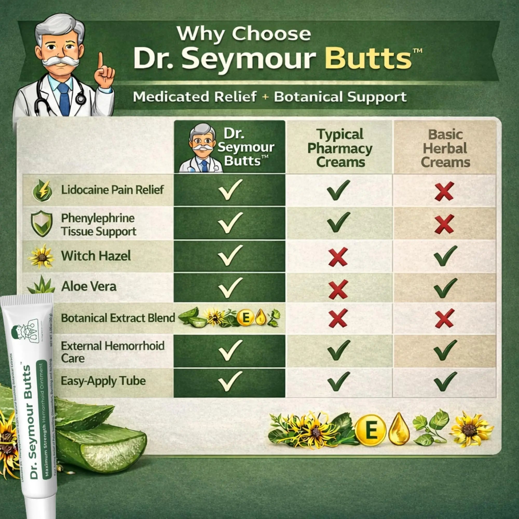 Dr. Seymour Butts Hemorrhoid Ointment – Lidocaine 5% Pain Relief for Burning, Itching & Irritation | External Hemorrhoid Care with Witch Hazel, Aloe & Botanical Support Dr. Seymour ButtsAu supplements