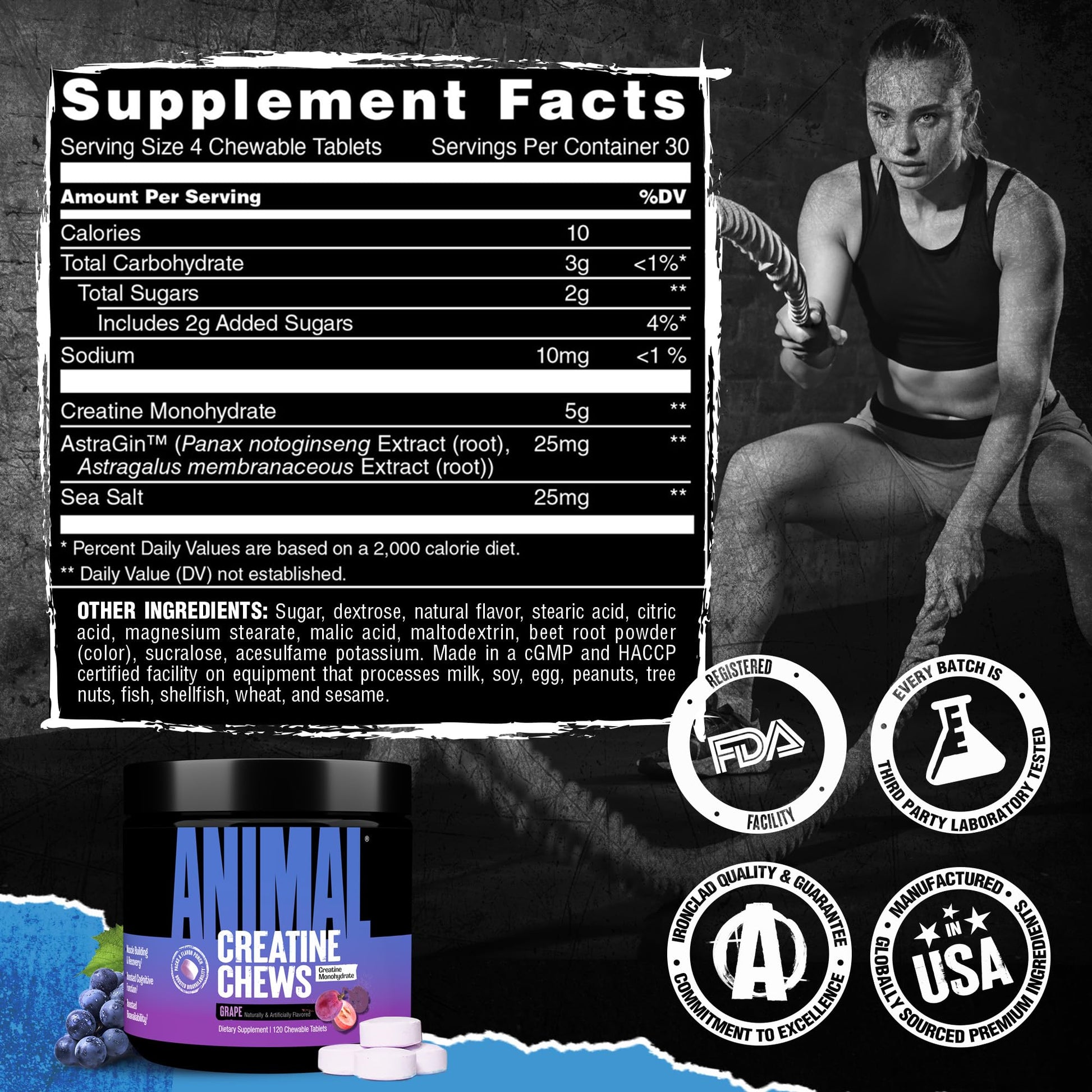 Animal Creatine Chews – 5g Creatine Monohydrate Tablets for Strength, Power & Training Recovery Support – Enhanced Absorption with AstraGin® – Convenient Chewable Format – 120 Tablets AnimalAu supplements