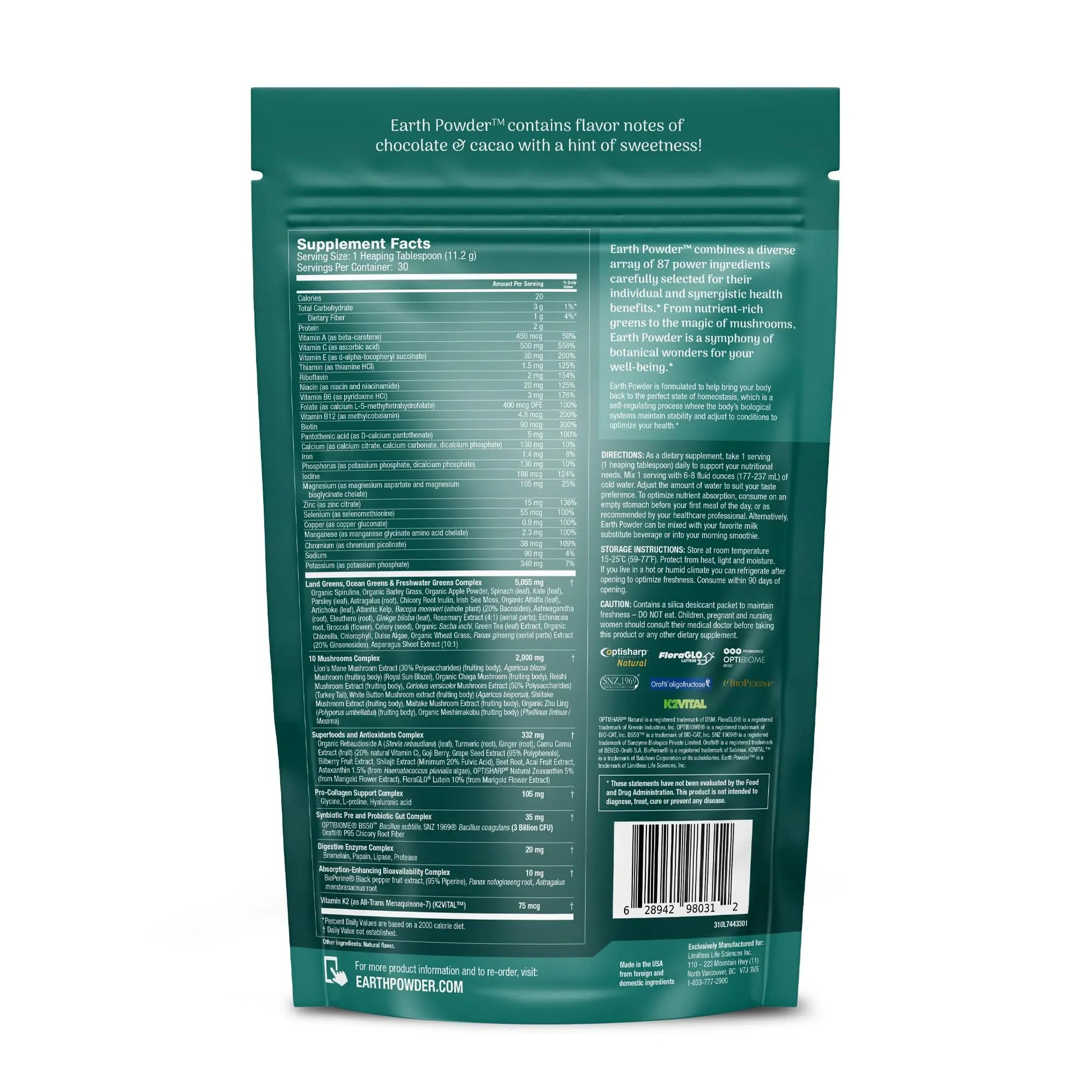 Earth Powder Daily Foundational Nutrition Supplement with 28 Greens & 10 Mushrooms | 87 Nutrients for Energy, Gut Health & Mental Clarity Earth Powdernz supplements