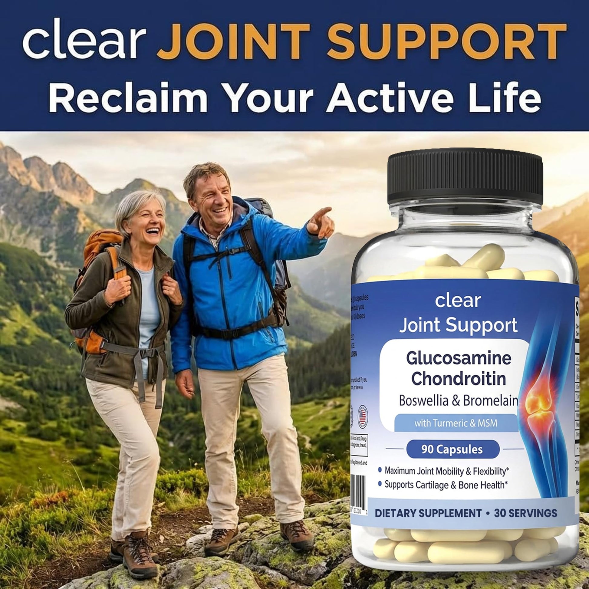 Clear Joint Support - 3-Month Supply | 3-Pack (270 Capsules) | Glucosamine Chondroitin MSM, Turmeric & Boswellia | Supports Knee, Hip & Back Health | Made in USA Clear ProbioticsAu supplements