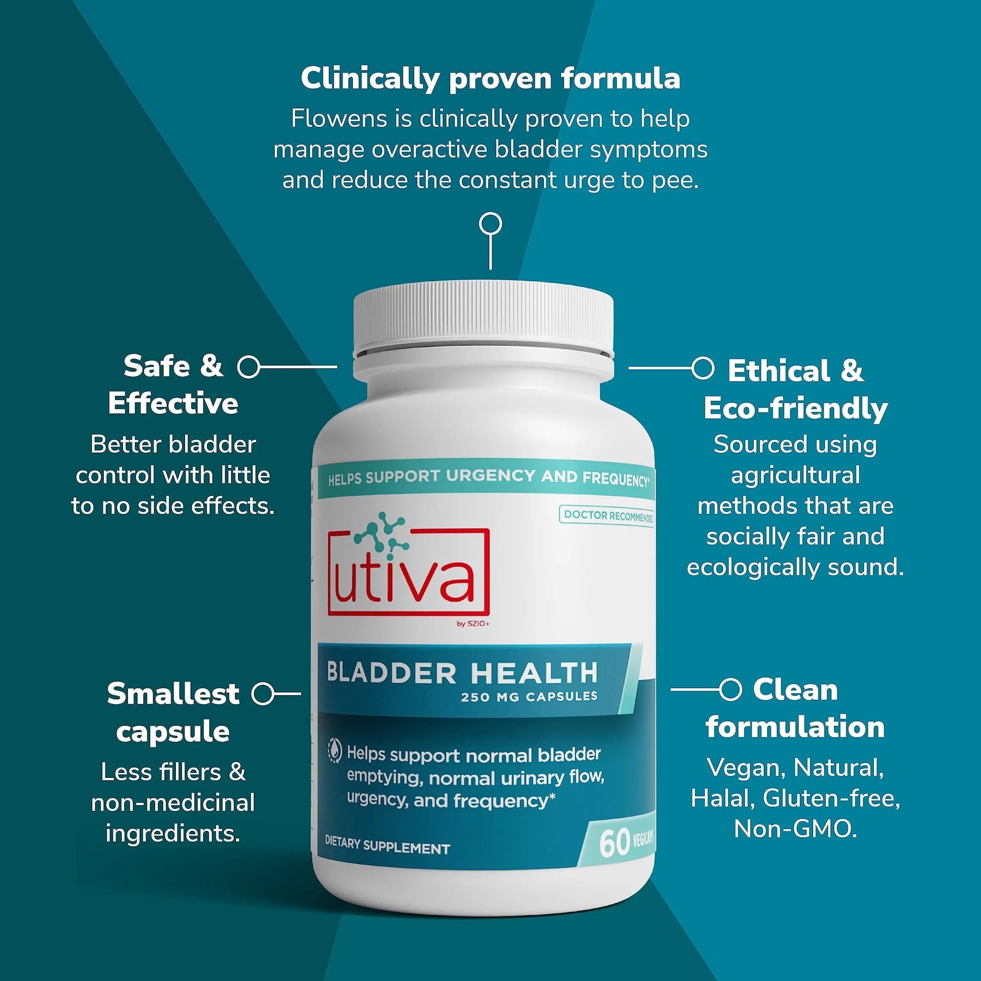 Szio+ Utiva Bladder Health - Control Supplement for Overactive Bladder and Lower Urinary Tract Health - Clinically Proven to Reduce Frequency and Urgency - 60 Capsules Szio+Au supplements
