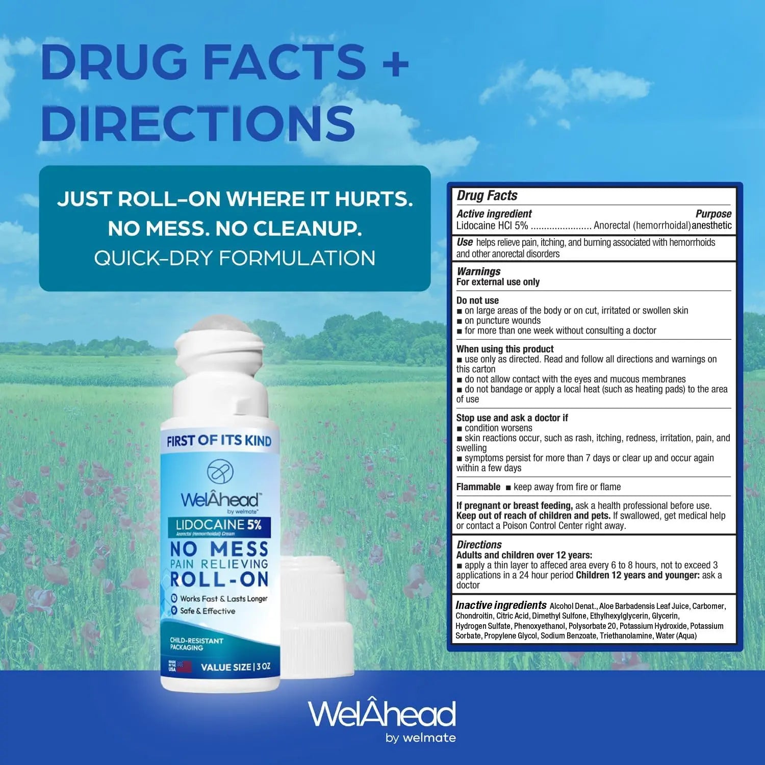 WELMATE - 5% Lidocaine Roll-On (3 oz Value Size) - No Mess Targeted Relief - Topical Anesthetic - Hemorrhoid Relief - Aloe Vera - Fast Acting & Long Lasting - Over-The-Counter Medication - First Aid WELMATEAu supplements