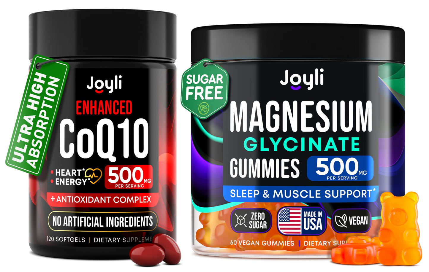 CoQ10 500mg + Magnesium Glycinate Gummies Bundle – High Absorption Coenzyme Q10 120 Softgels & 60 Sugar-Free Sleep Gummies – Heart, Energy & Mood Support – Enhanced Formula, USA Made JOYLI NutritionUS supplements