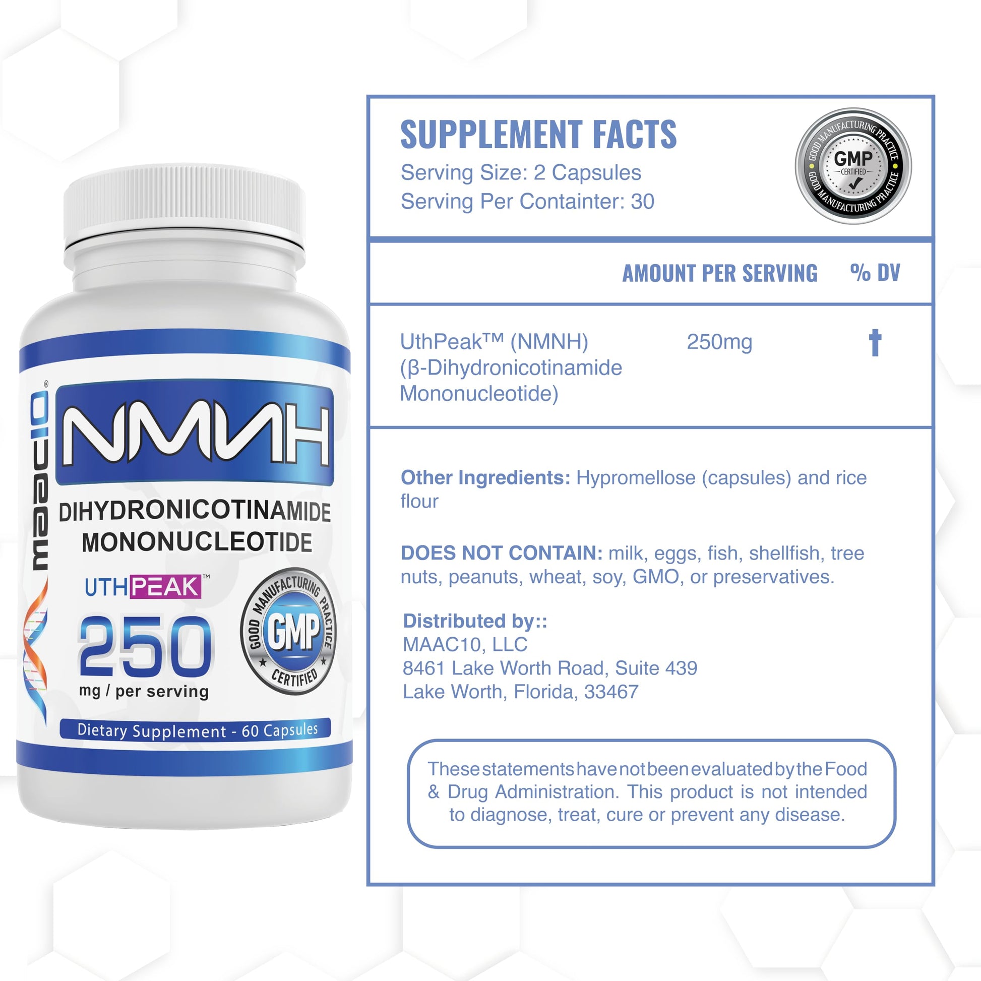 MAAC10 NMNH (NMN Supplement Alternative) 250mg Serving | Uthpeak™ NMNH (Dihydronicotinamide Mononucleotide) for Better Stability | 30-Day Supply. MAAC10Au supplements