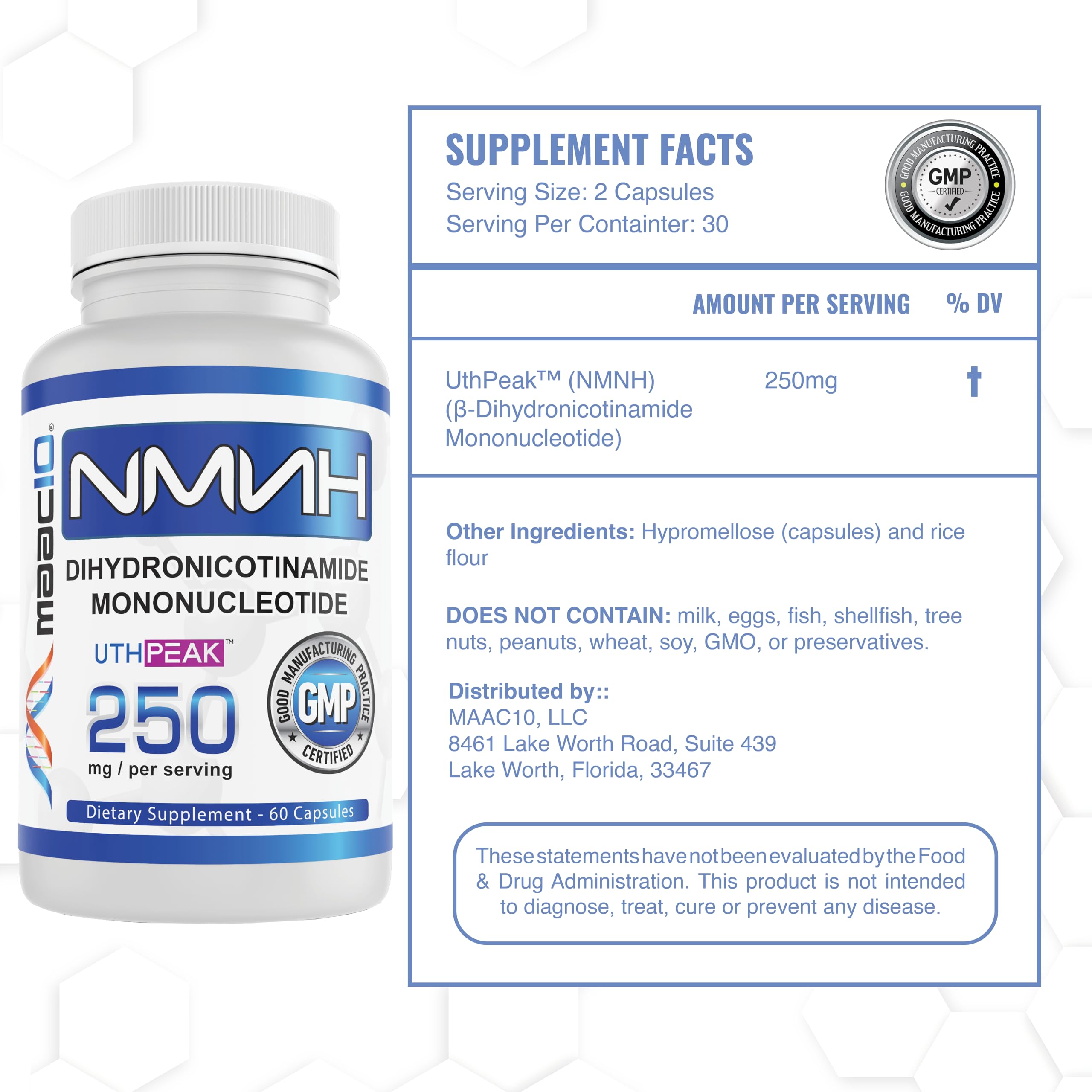 MAAC10 NMNH (NMN Supplement Alternative) 250mg Serving | Uthpeak™ NMNH (Dihydronicotinamide Mononucleotide) for Better Stability | 30-Day Supply. MAAC10Au supplements