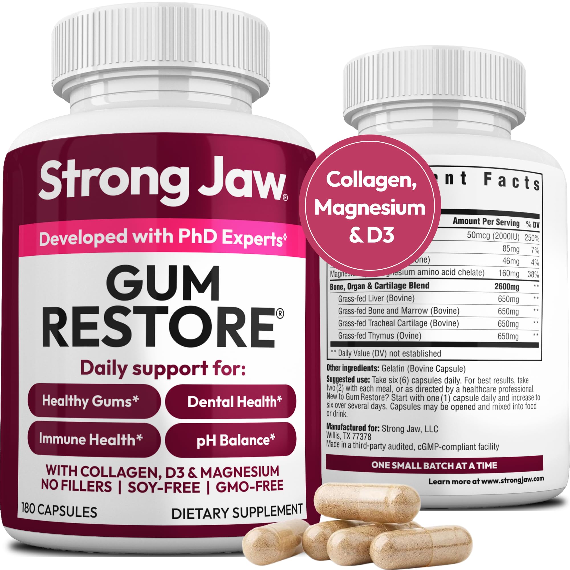 Strong Jaw Gum Restore - Gum Repair for Receding Gums | Teeth Magnesium Supplements, Oral Care, Remineralizing Dental Health Vitamins for Adults | 1 Month Supply, 180 Capsules, Made in USA Strong JawAu supplements