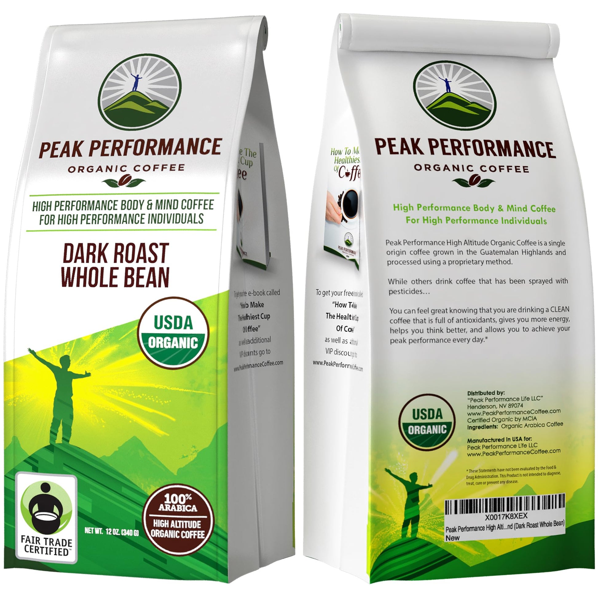 Peak Performance High Altitude Organic Coffee - Fair Trade, Low Acid, Non GMO, and Beans Full of Antioxidants - Dark Roast Smooth Tasting USDA Certified Organic Whole Bean Coffee Bag 12 oz Peak PerformanceAu supplements