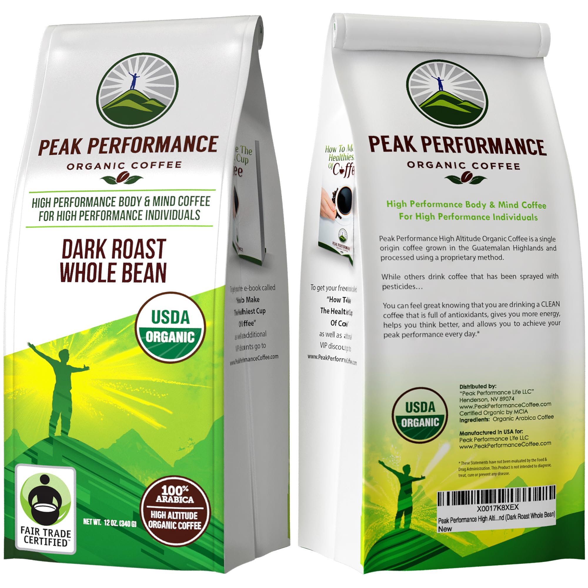 Peak Performance High Altitude Organic Coffee - Fair Trade, Low Acid, Non GMO, and Beans Full of Antioxidants - Dark Roast Smooth Tasting USDA Certified Organic Whole Bean Coffee Bag 12 oz Peak PerformanceAu supplements