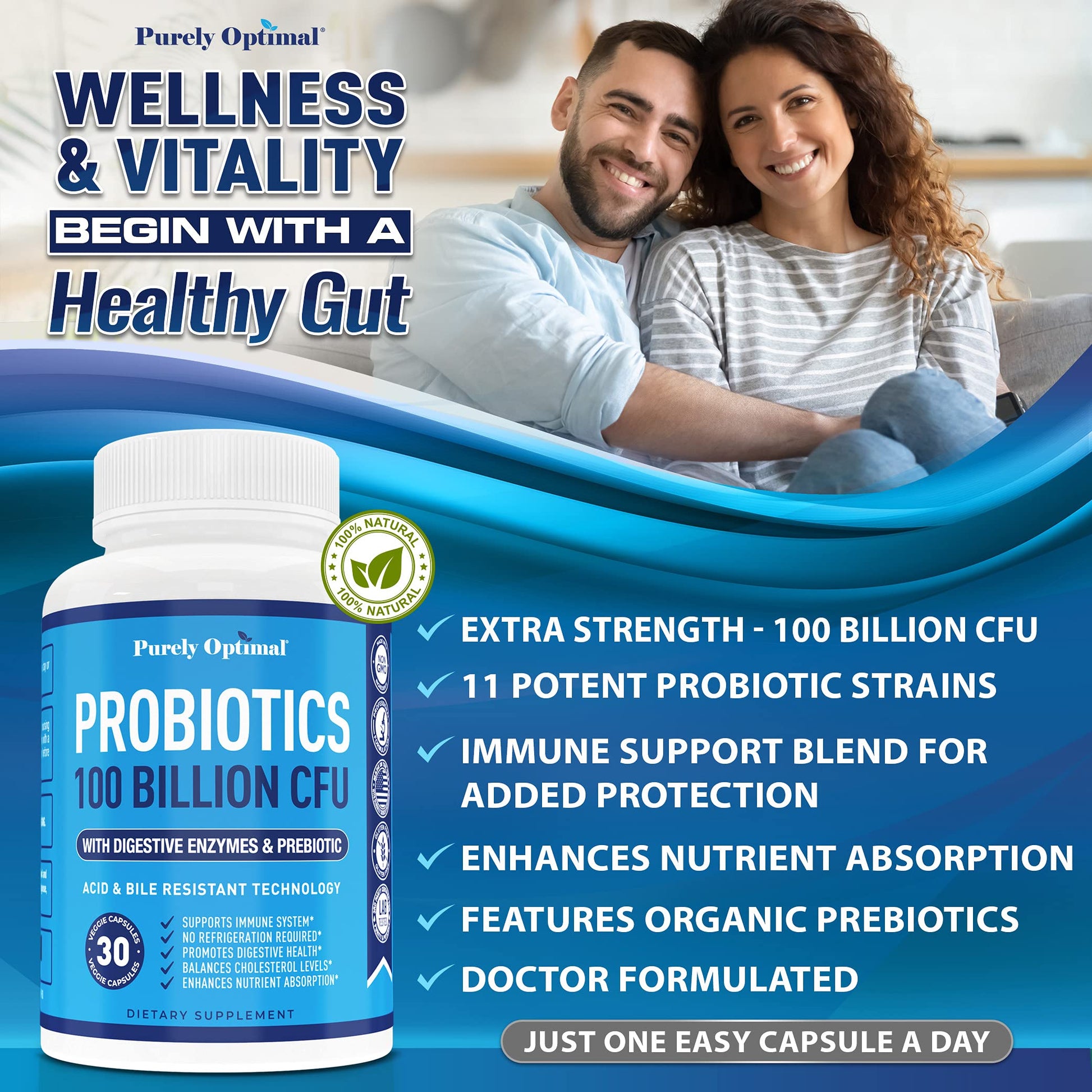 Purely Optimal Premium Probiotics 100 Billion CFU w/Digestive Enzymes Purely OptimalUS supplements