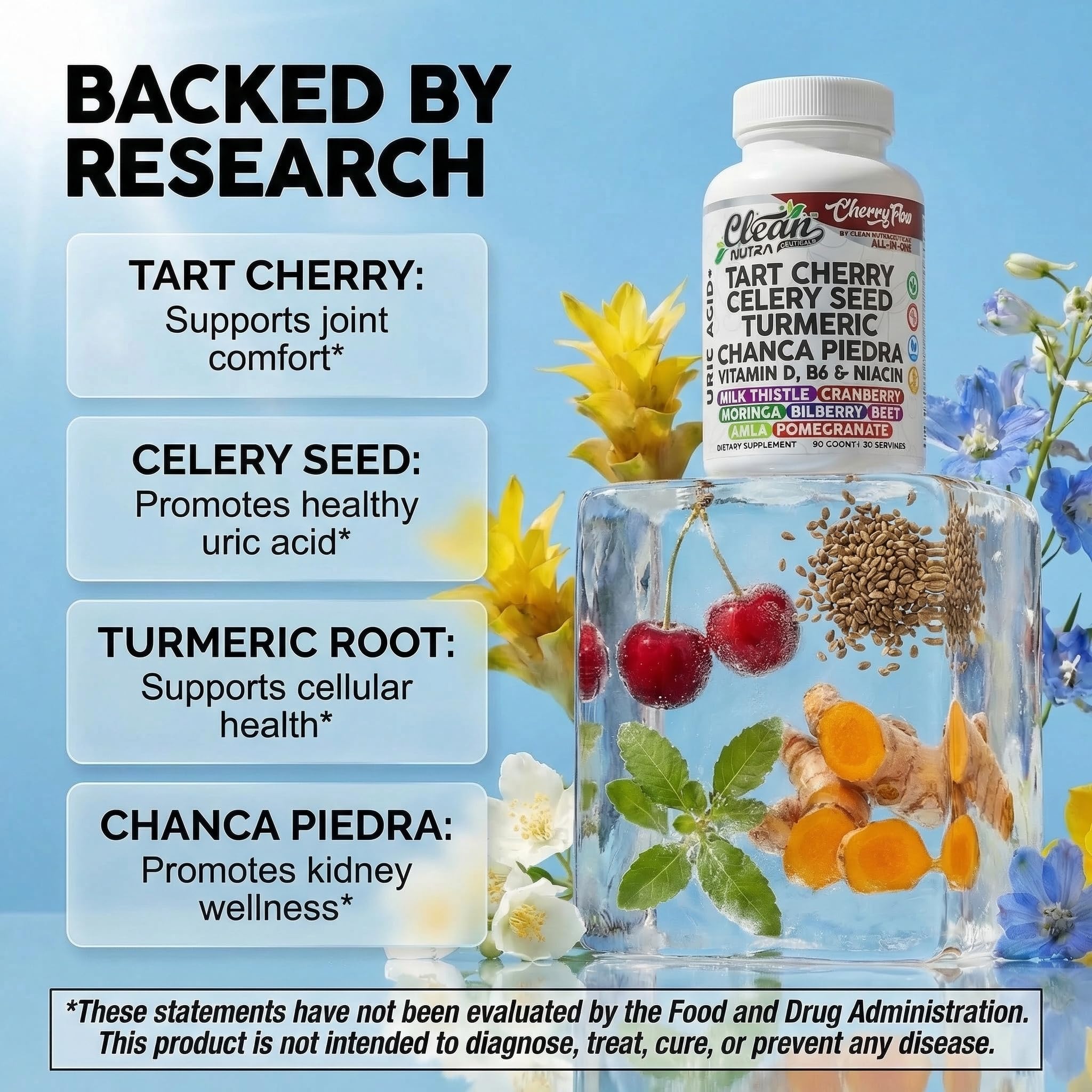 Cherry Flow Tart Cherry Capsules Uric Acid Support Celery Seed Turmeric Chanca Piedra Vitamin D Vitamin B6 Niacin Milk Thistle Moringa Extract Pomegranate Beets 90 Count By Clean Nutra Clean NutraceuticalsAu supplements