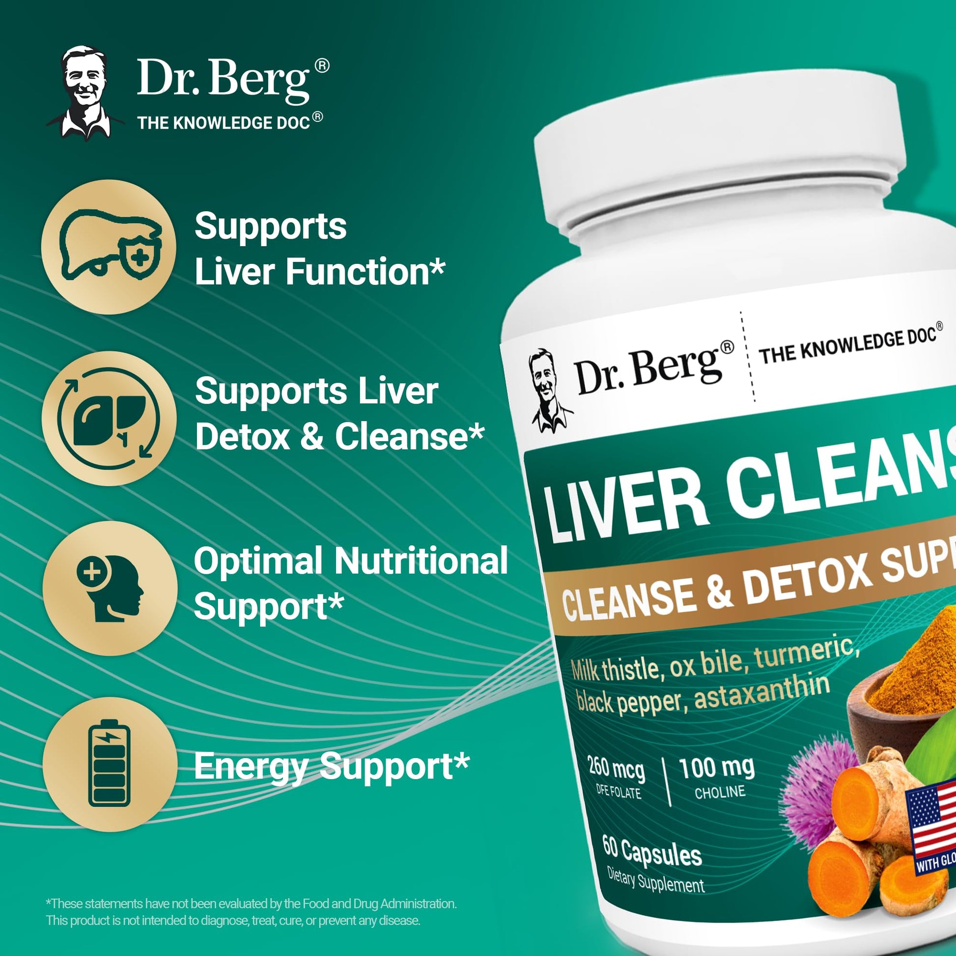 Dr. Berg Liver Cleanse Detox Capsules w/Unique Blend of Milk Thistle, Ox Bile & Folate - Liver Supplement Includes Turmeric, Black Pepper & Choline - 60 Capsules Dr. Berg NutritionalsAu supplements