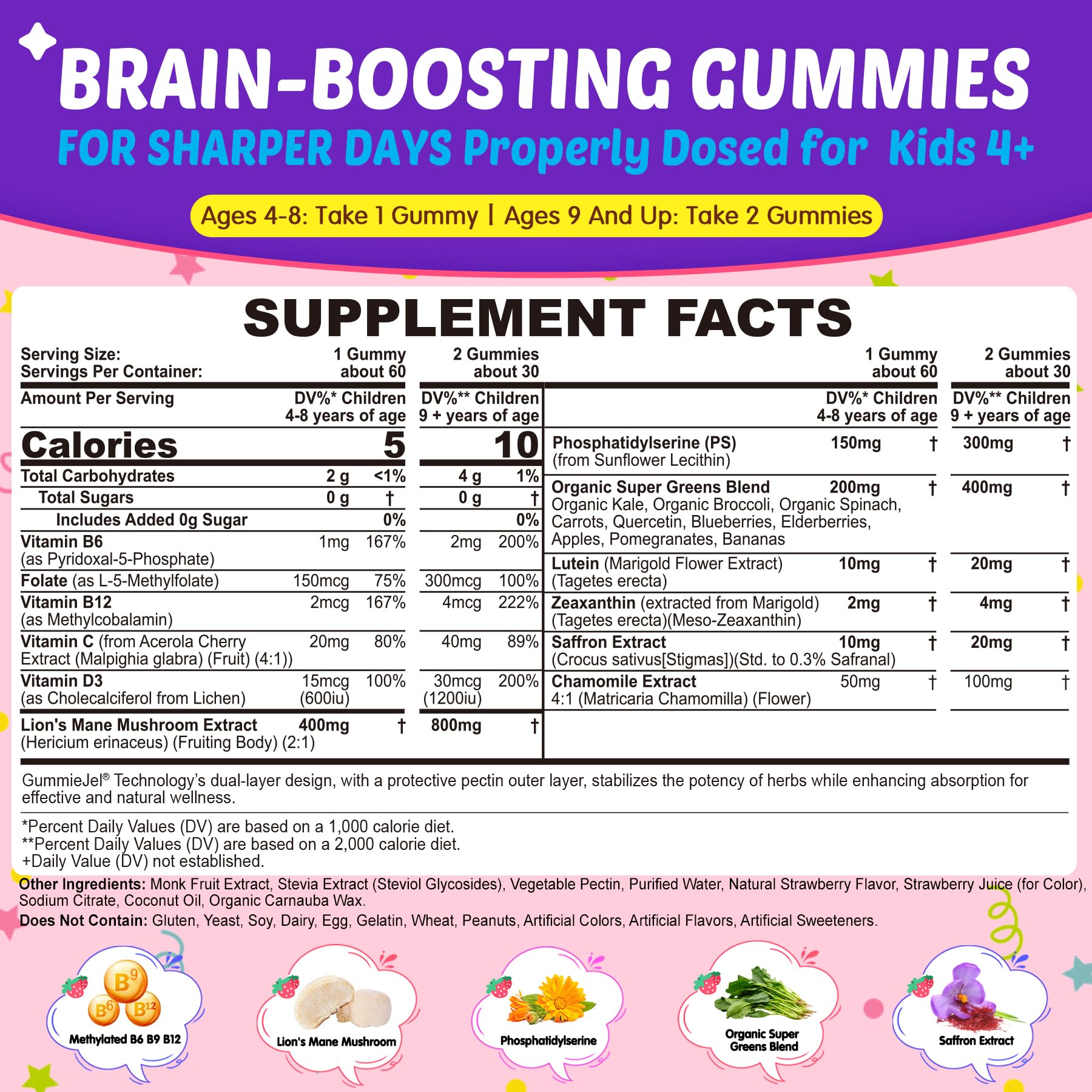 Kids Brain Gummies with Lion's Mane Mushroom, Methyl B6, B9, B12, Supper Greens, Lutein, Brain Booster Supplement for Focus & Attention, Cognitive Function, Vision & Energy, Sugar Free, Vegan 2 Pack NextdiaAu supplements