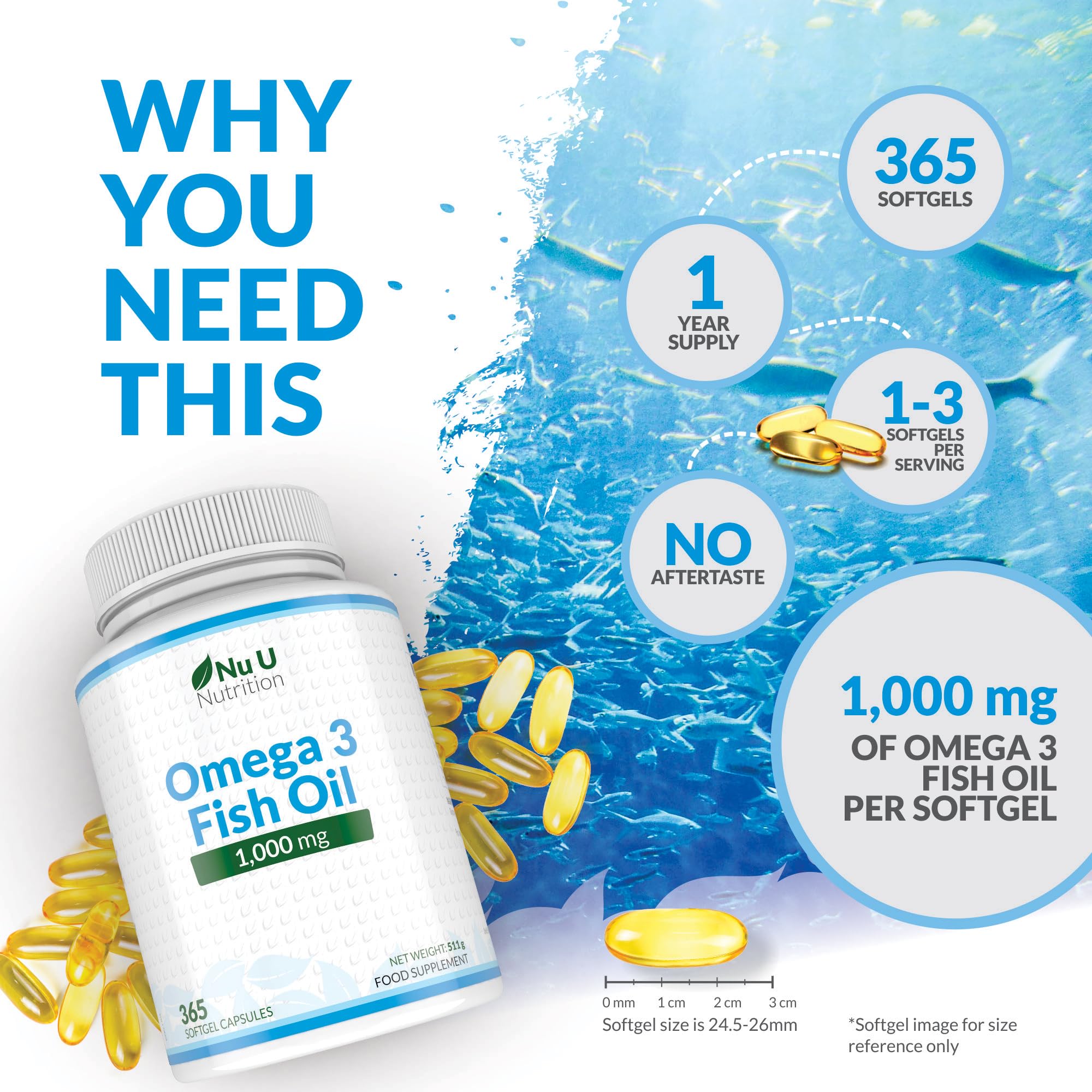 Omega 3 Fish Oil 1000mg - 365 Softgel Capsules - Up to 12 Month’s Supply - Pure Fish Oil Nu U NutritionUS supplements