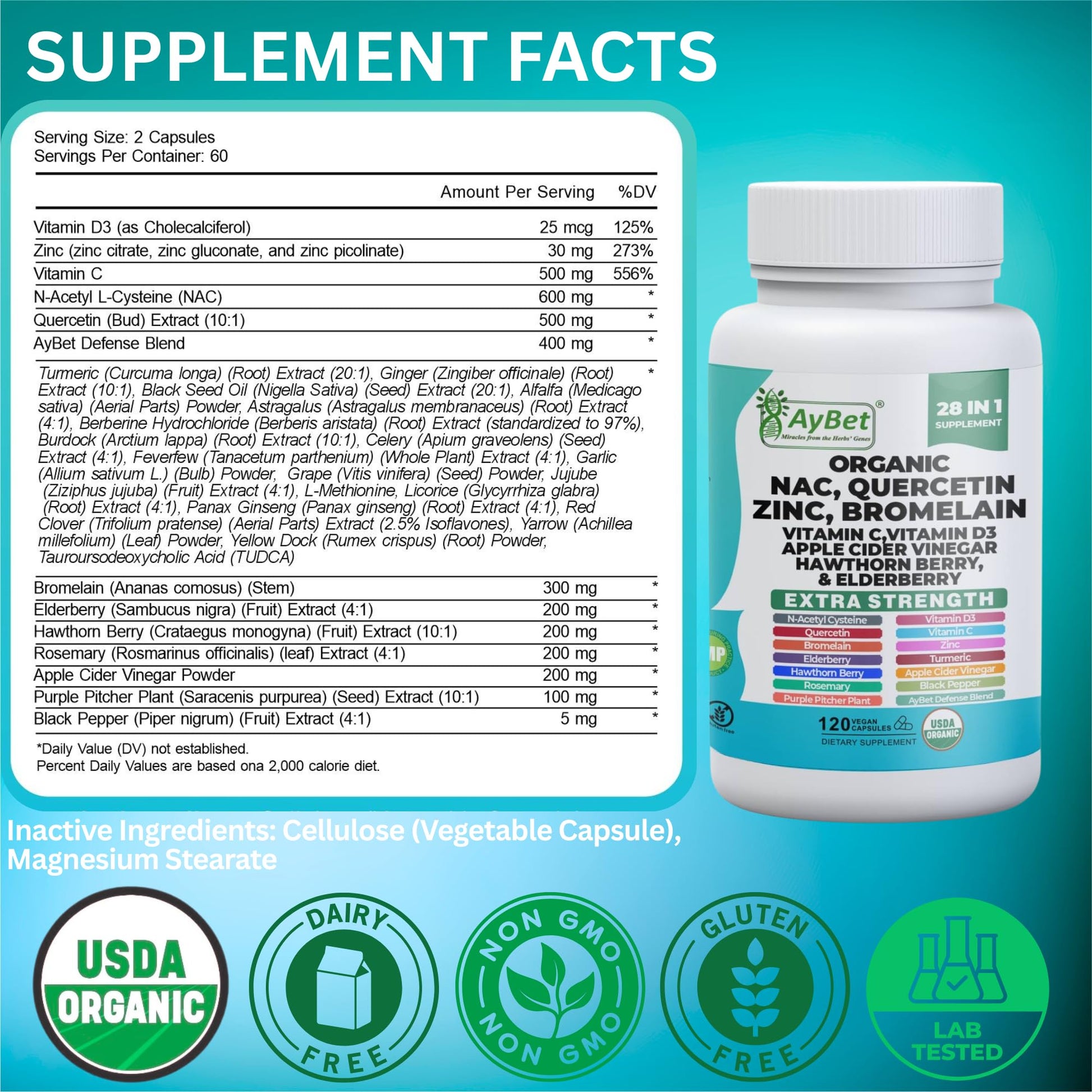 NAC-n-acetyl cysteine- Quercetin Zinc Bromelain Supplement | Extra Strength with Vit C, D3, Apple Cider Vinegar, Elderberry, Hawthorn Berry, Turmeric | Immune Support|120 Vegan Capsules | USDA Organic AyBetAu supplements
