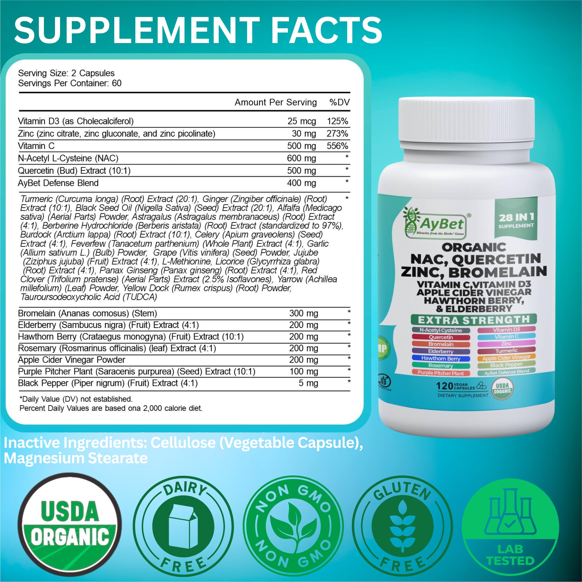 NAC-n-acetyl cysteine- Quercetin Zinc Bromelain Supplement | Extra Strength with Vit C, D3, Apple Cider Vinegar, Elderberry, Hawthorn Berry, Turmeric | Immune Support|120 Vegan Capsules | USDA Organic AyBetAu supplements