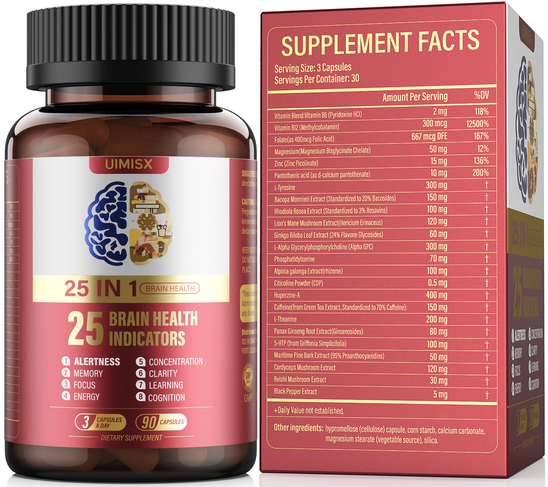 UIMISX Brain Supplement for Mental Alertness, Memory, Focus & Energy, Alpha GPC, Huperzine-A, L-Tyrosine, Phosphatidylserine, Vitamins B6 B12, High Absorption, 90 Capsules UIMISXAu supplements